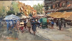 View of Swiss City, Ezelino Briante Italian Painting 20 Century Oil on Wood