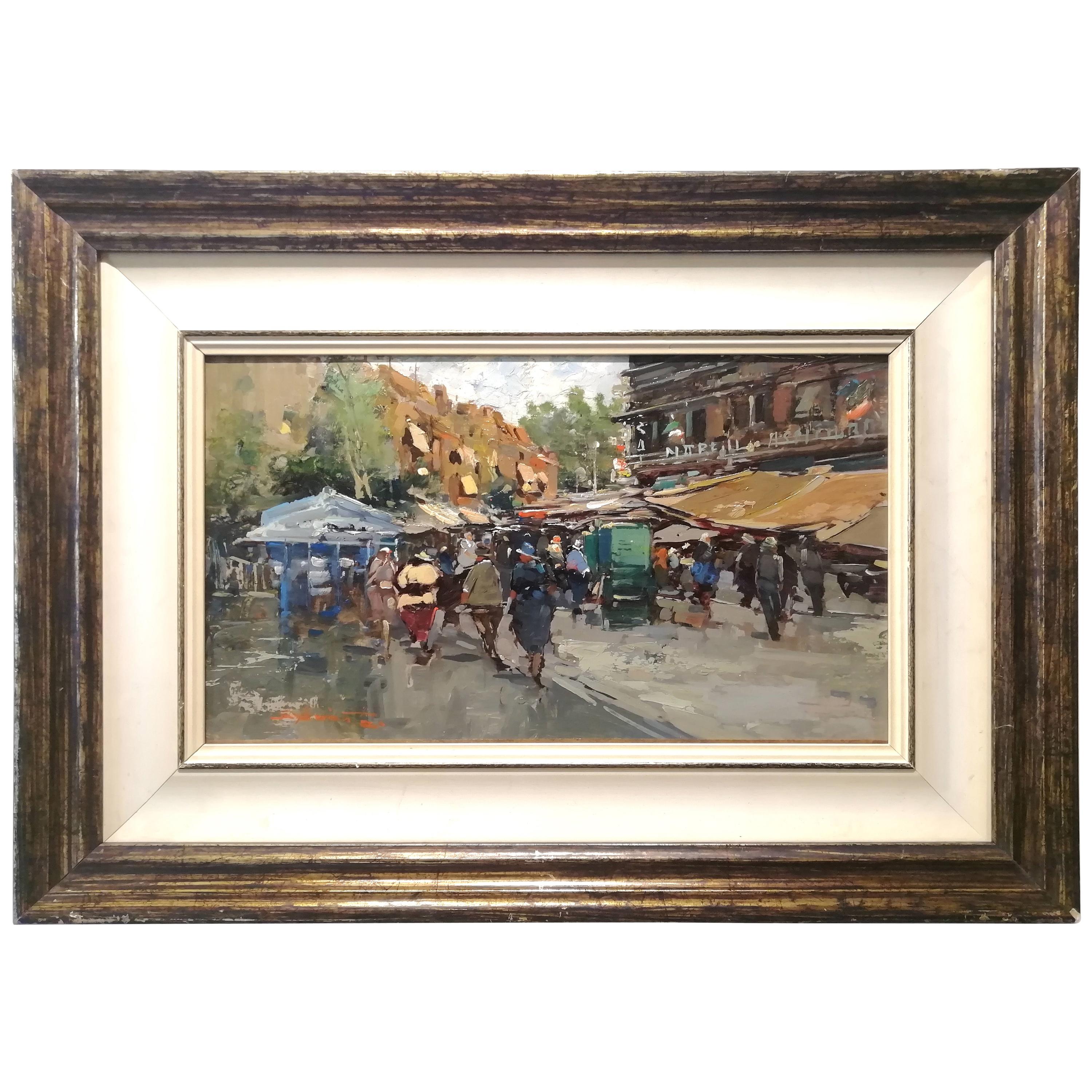 View of Swiss City, Ezelino Briante Italian Painting 20 Century Oil on Wood For Sale