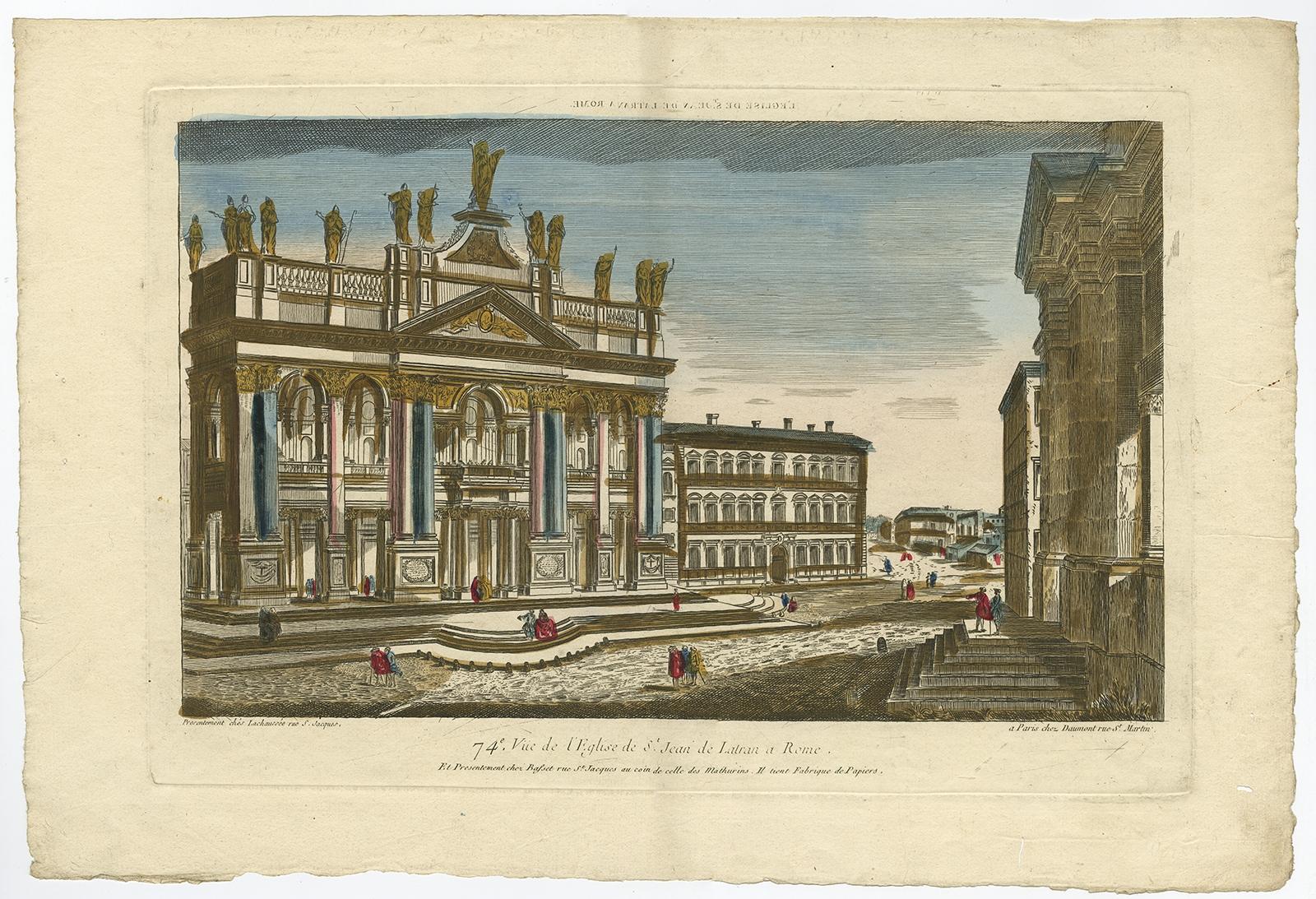 Antique print, titled: 'Vue de l'Eglise de St. Jean de Latran a Rome.' - View of the Archbasilica of St. John Lateran in Rome, Italy. This is an optical print, also called 'vue optique' or 'vue d'optique', which were made to be viewed through a