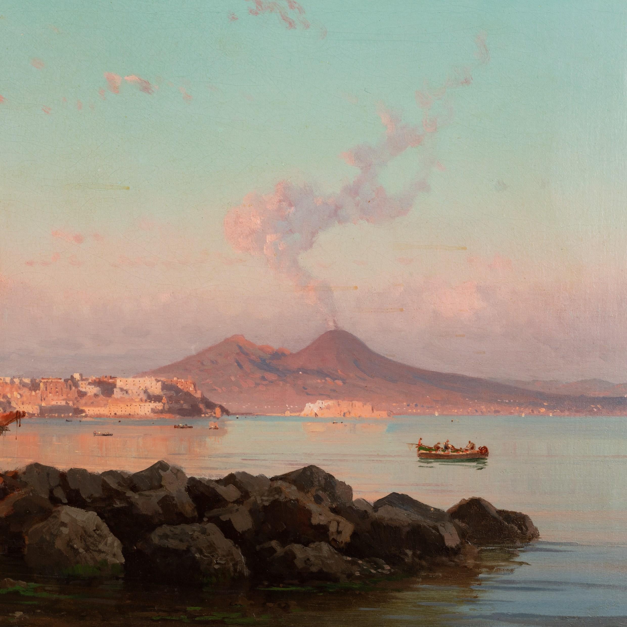 View of the Bay of Naples by Alessandro La Volpe, oil on relined canvas, signed & indistinctly dated 1877, in the original orientalist frame. Italian, 1877.

Frame size: H34½, W55½ in

Canvas: H 20 ¼ in W 41 ½in

Provenance: Private collection in