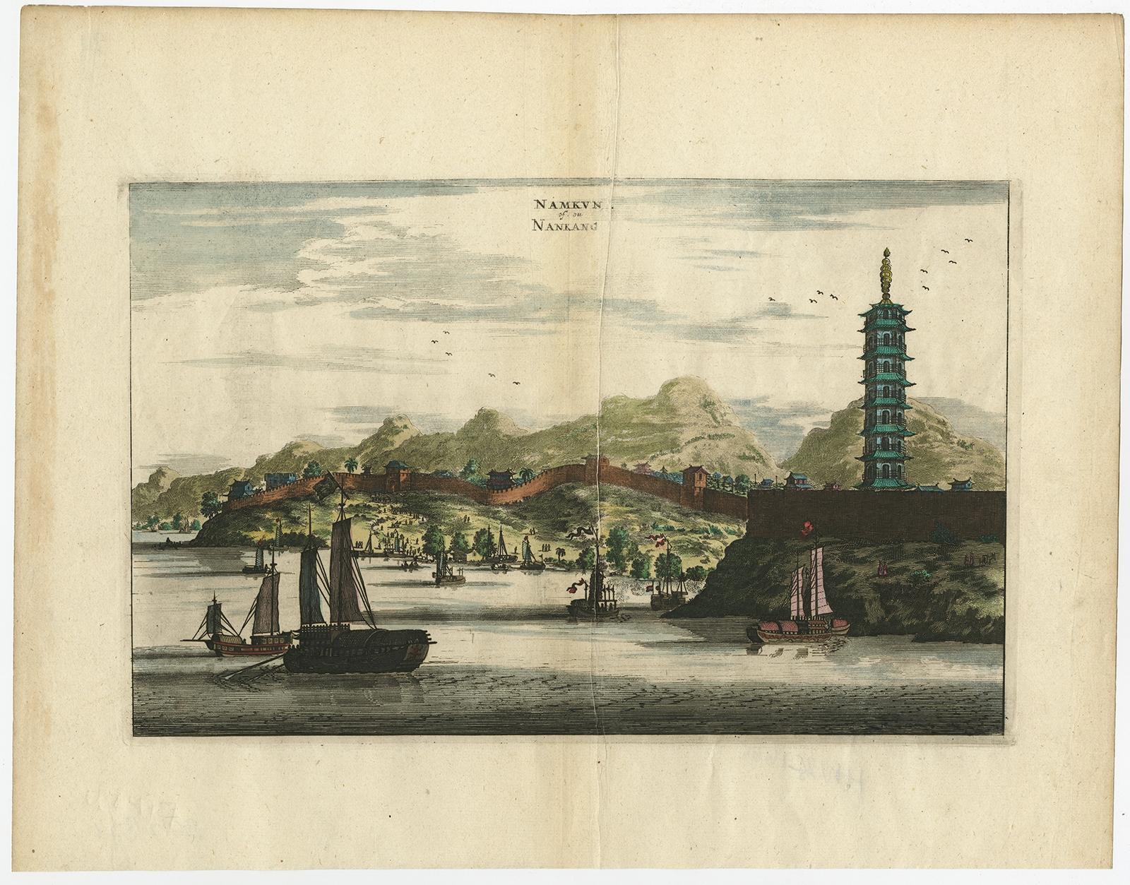 Antique print, titled: 'Namkun of Nankang' 

View of the Chinese city of Nanjing with its ramparts. Behind the city wall a pagoda can be seen. On the foreground several ships are depicted.

This original old antique print / plate originates from