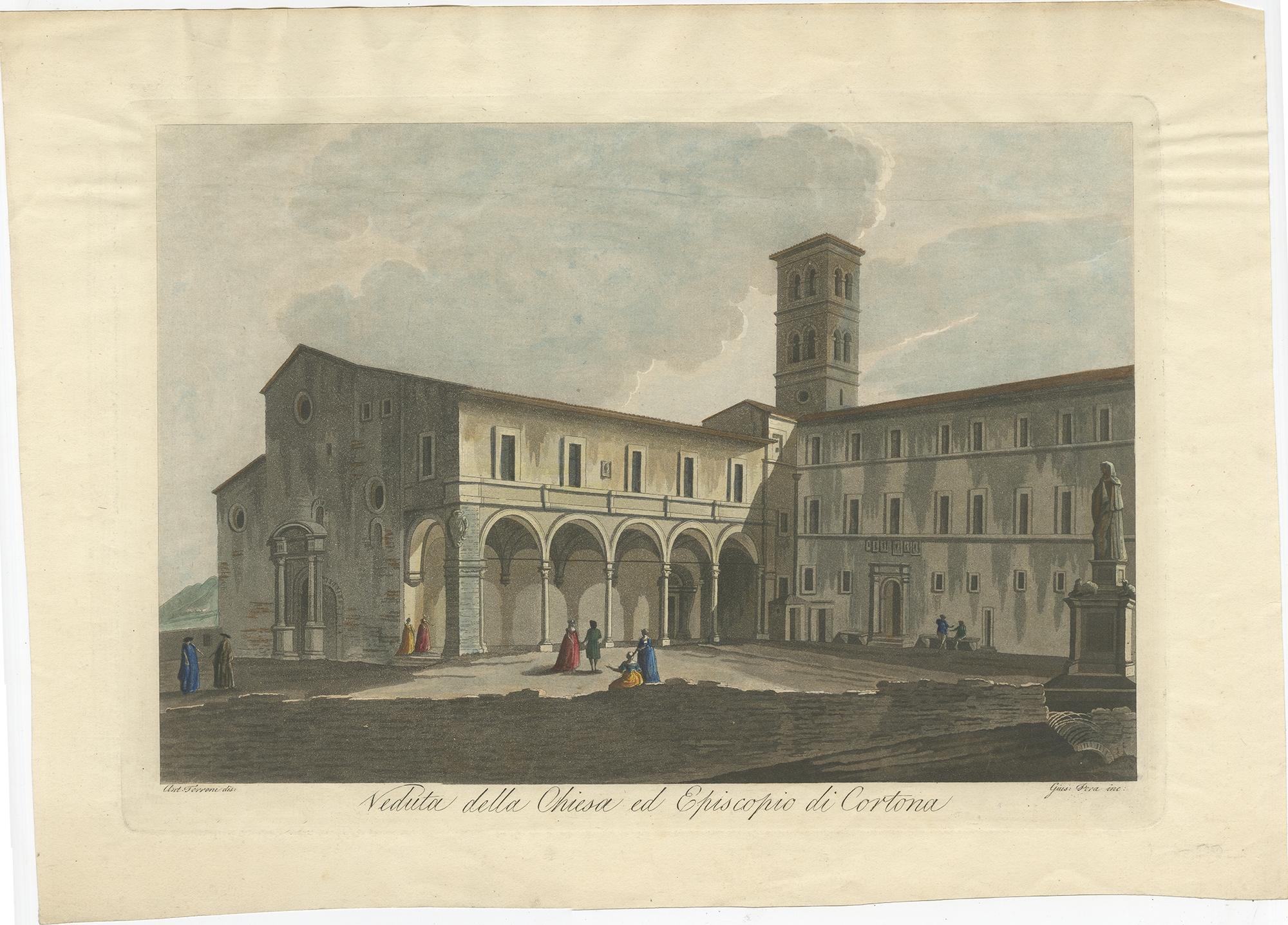 Antique print titled 'Veduta della Chiesa ed Episcopio di Cortona'. 

View of the church of Cortona, a town and comune in the province of Arezzo, in Tuscany, Italy. Source unknown, to be determined. Published circa 1800. 

Artists and Engravers: