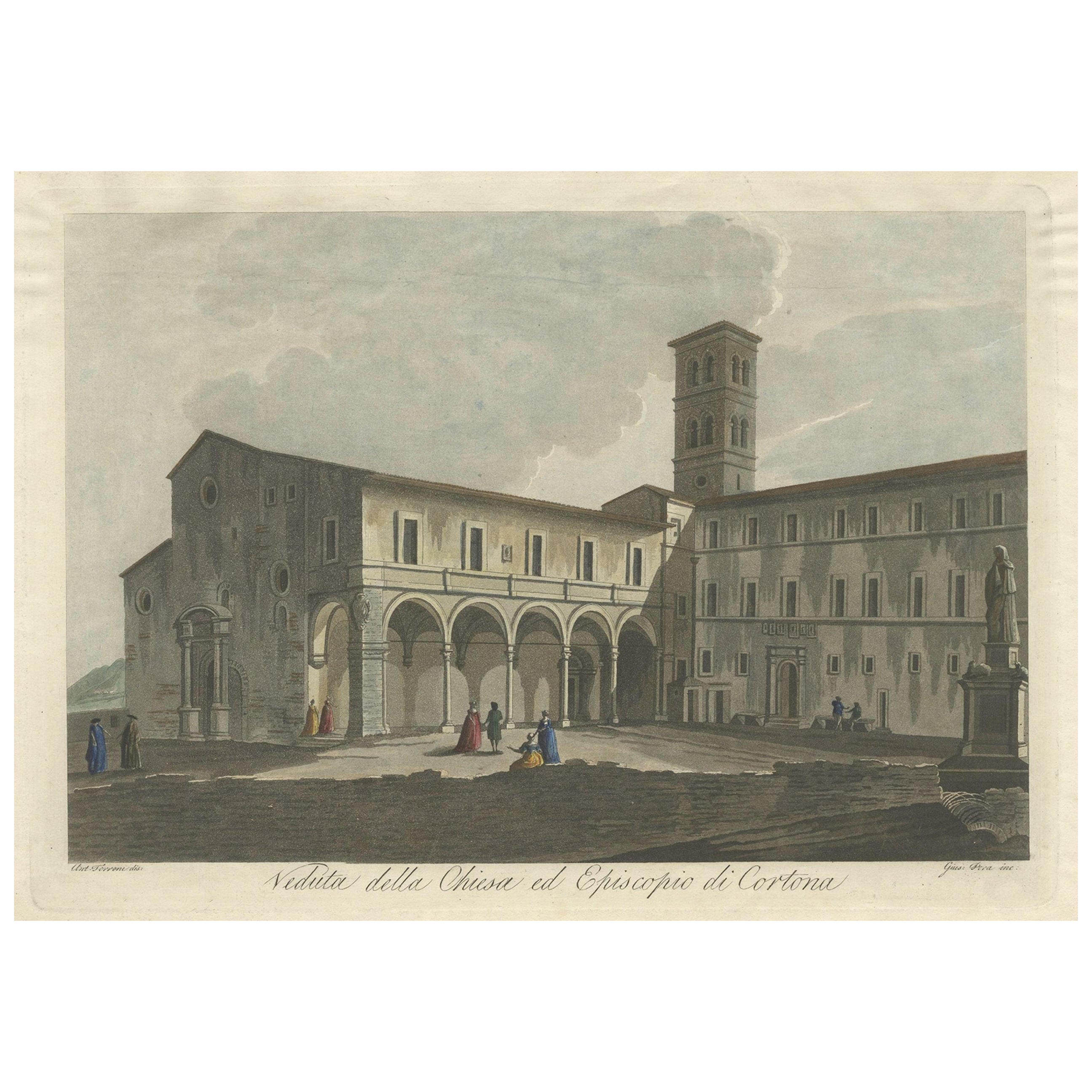 Ansicht der Kirche Cortona, einer Stadt und des Comune Arezzo, in der Toskana, Italien, 1800
