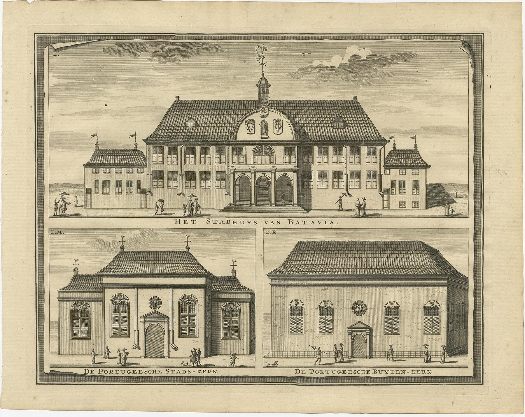 Description: Antique print titled 'Het Stadhuys van Batavia - De Portugeesche Stads-Kerk - De Portugeesche Buyten-Kerk'. 

View of the city hall of Batavia and Portugese church. This city hall was the administrative headquarters of the Dutch East