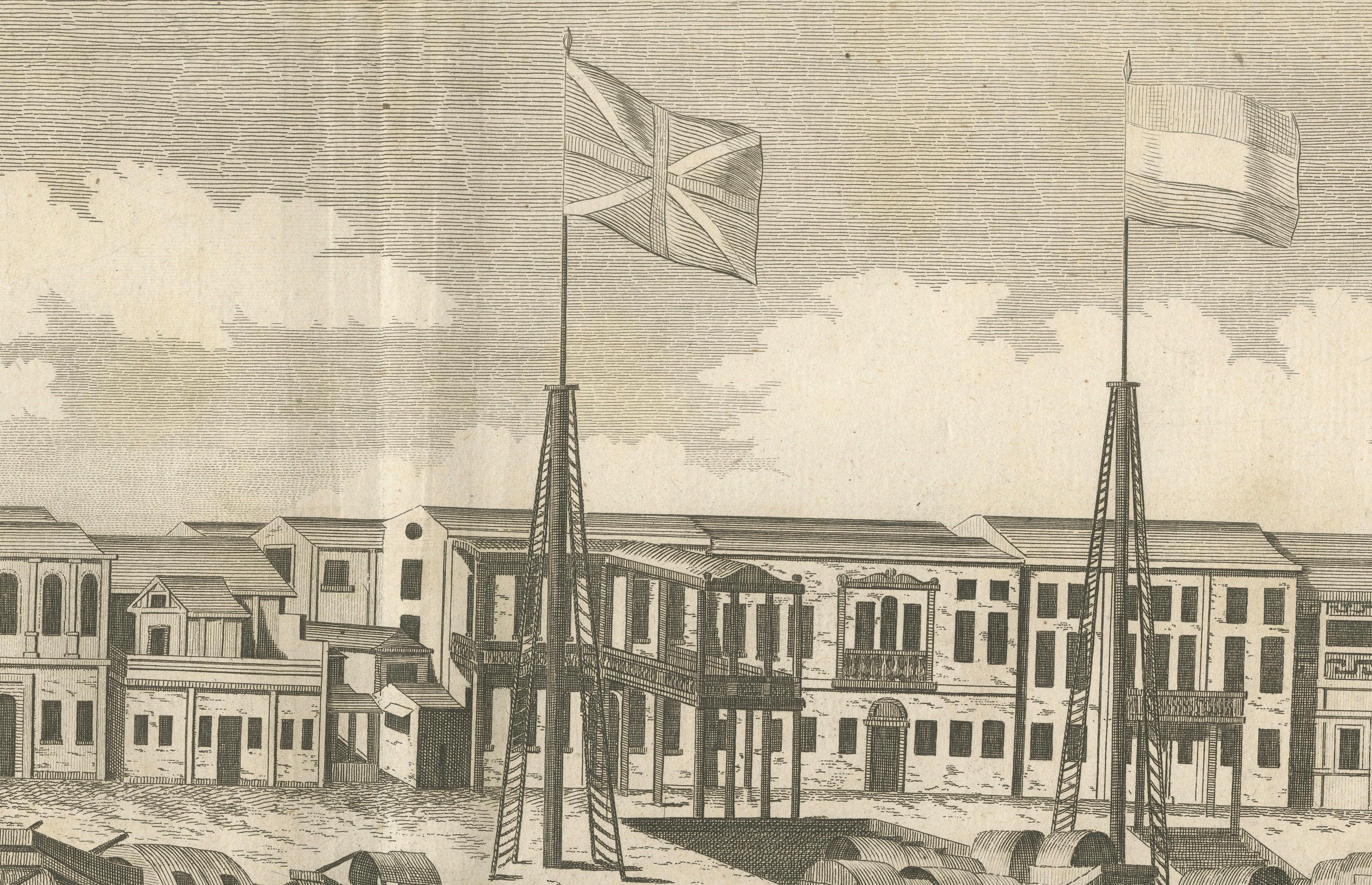 Vista de la ciudad de Cantón (Guangzhou) con fábricas extranjeras, 1806 Grabado en venta