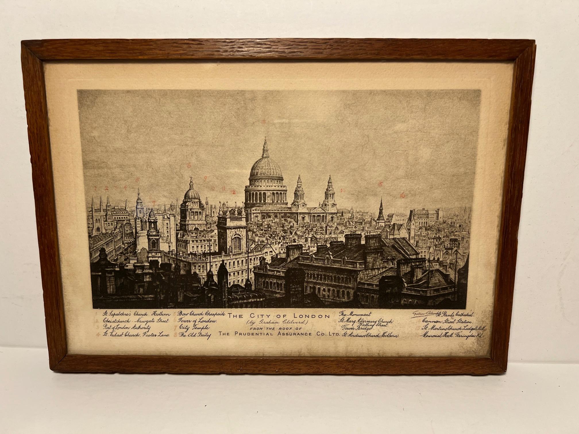 Vista della città di Londra.

Acquaforte a punta secca, Graham Clilverd. 1883-1959.
Ha studiato alla London Central Arts School durante la Prima Guerra Mondiale.
Ha prestato servizio come artista mimetico nel 1916-1918.

Si tratta di uno dei suoi