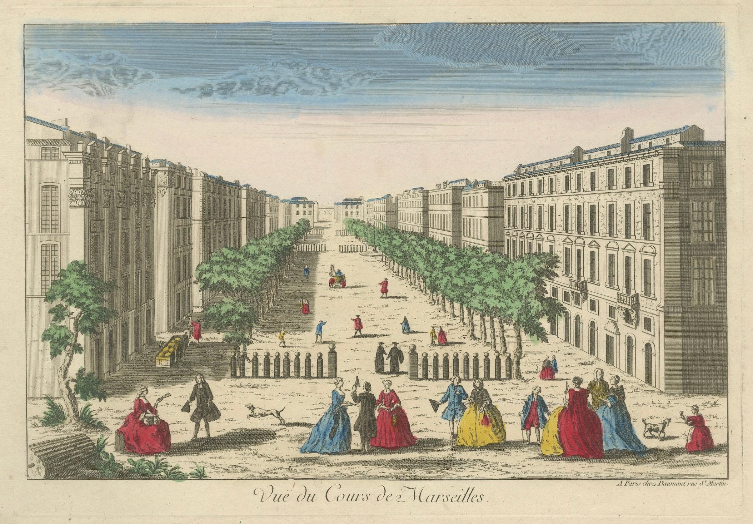 View of the Cours in Marseille – Hand-Colored Engraving by Daumont, ca.1770