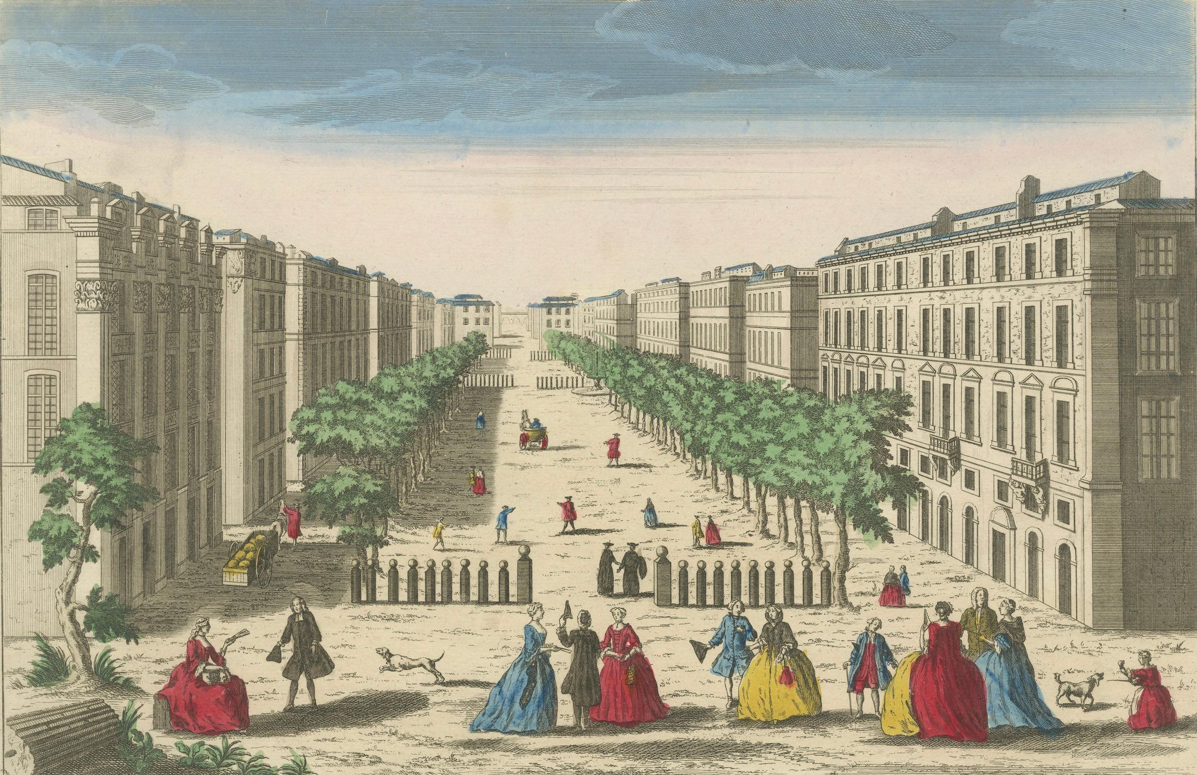 View of the Cours in Marseille – Hand-Colored Engraving by Daumont, ca.1770
