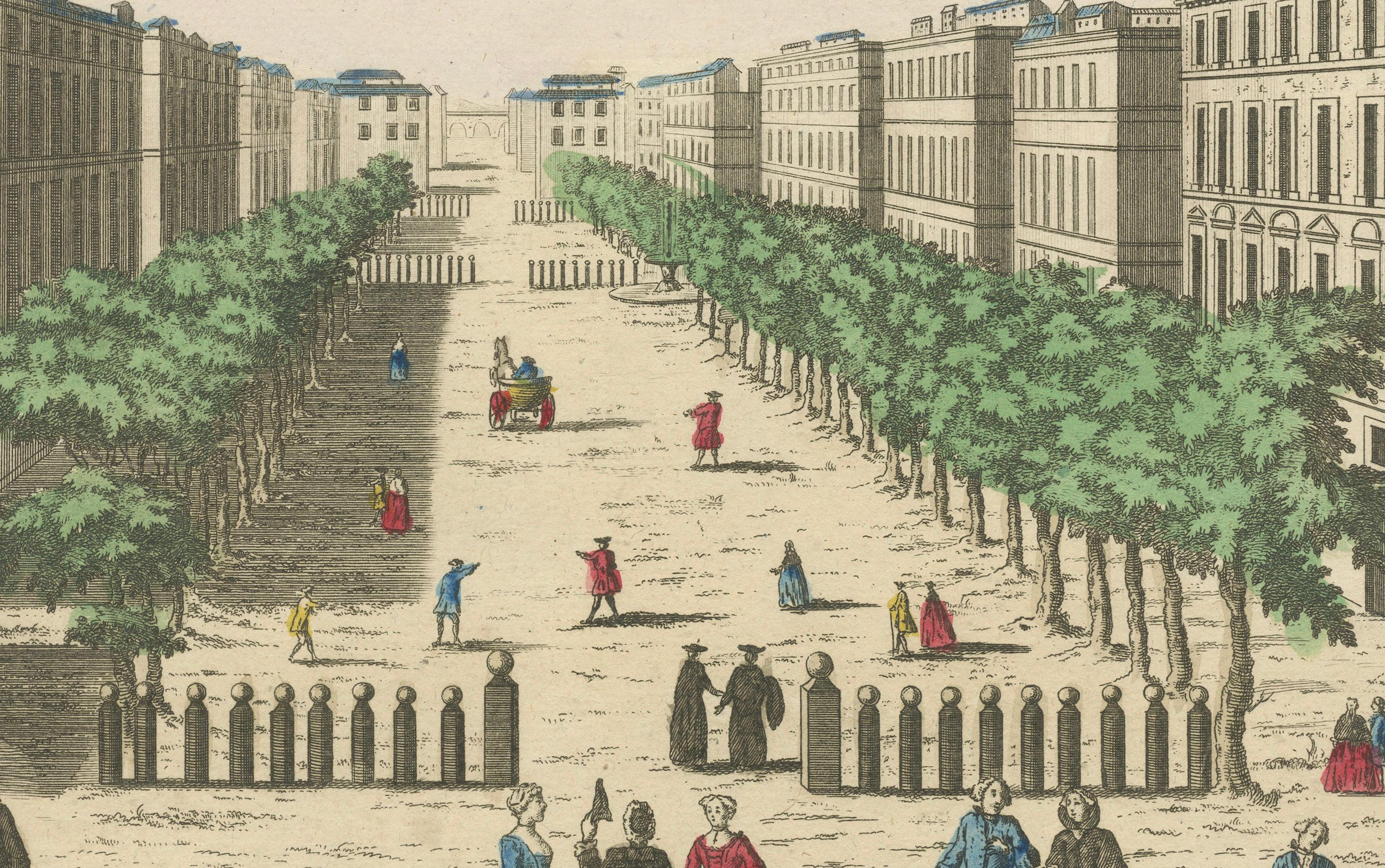 View of the Cours in Marseille – Hand-Colored Engraving by Daumont, ca.1770