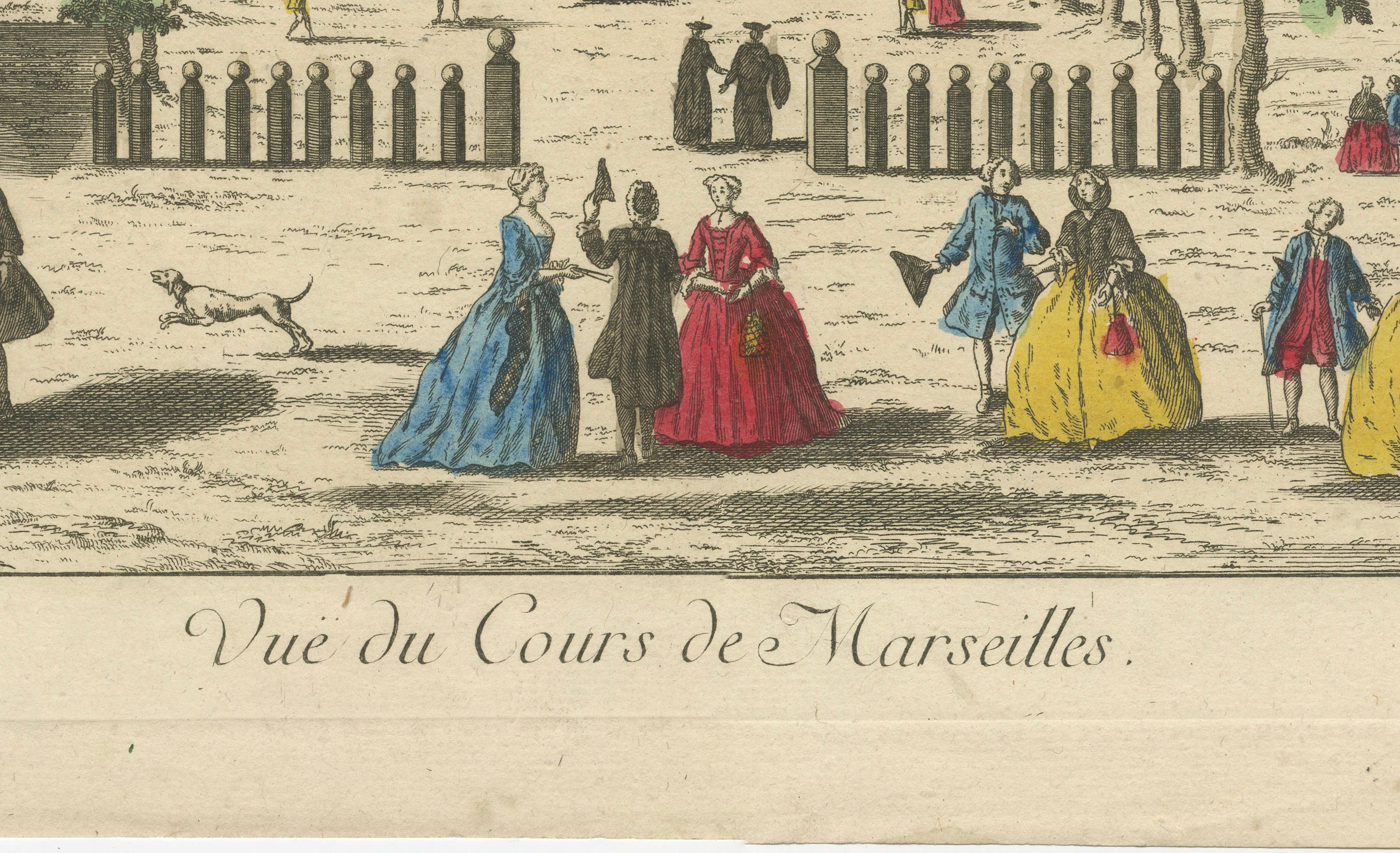 View of the Cours in Marseille – Hand-Colored Engraving by Daumont, ca.1770