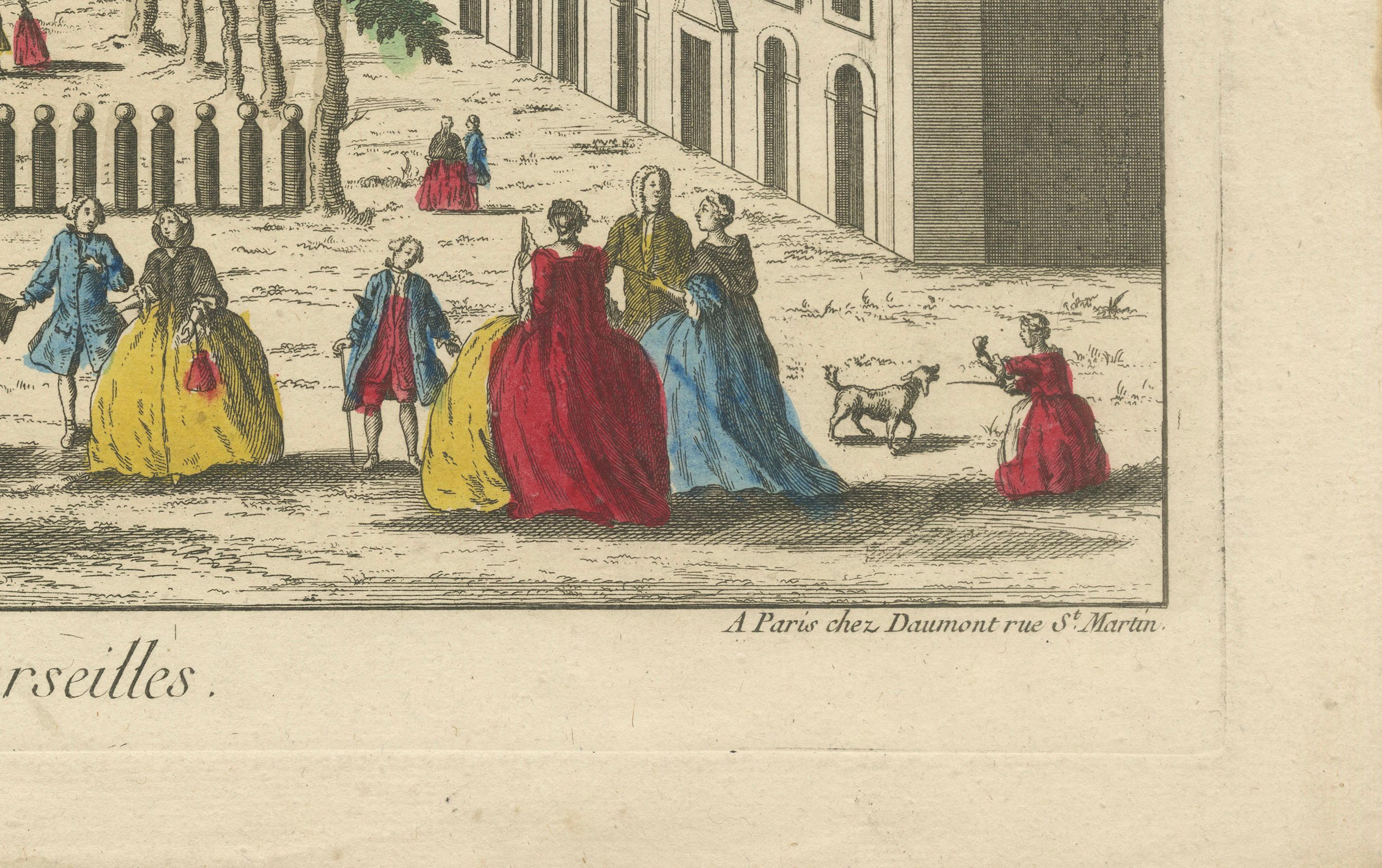 View of the Cours in Marseille – Hand-Colored Engraving by Daumont, ca.1770
