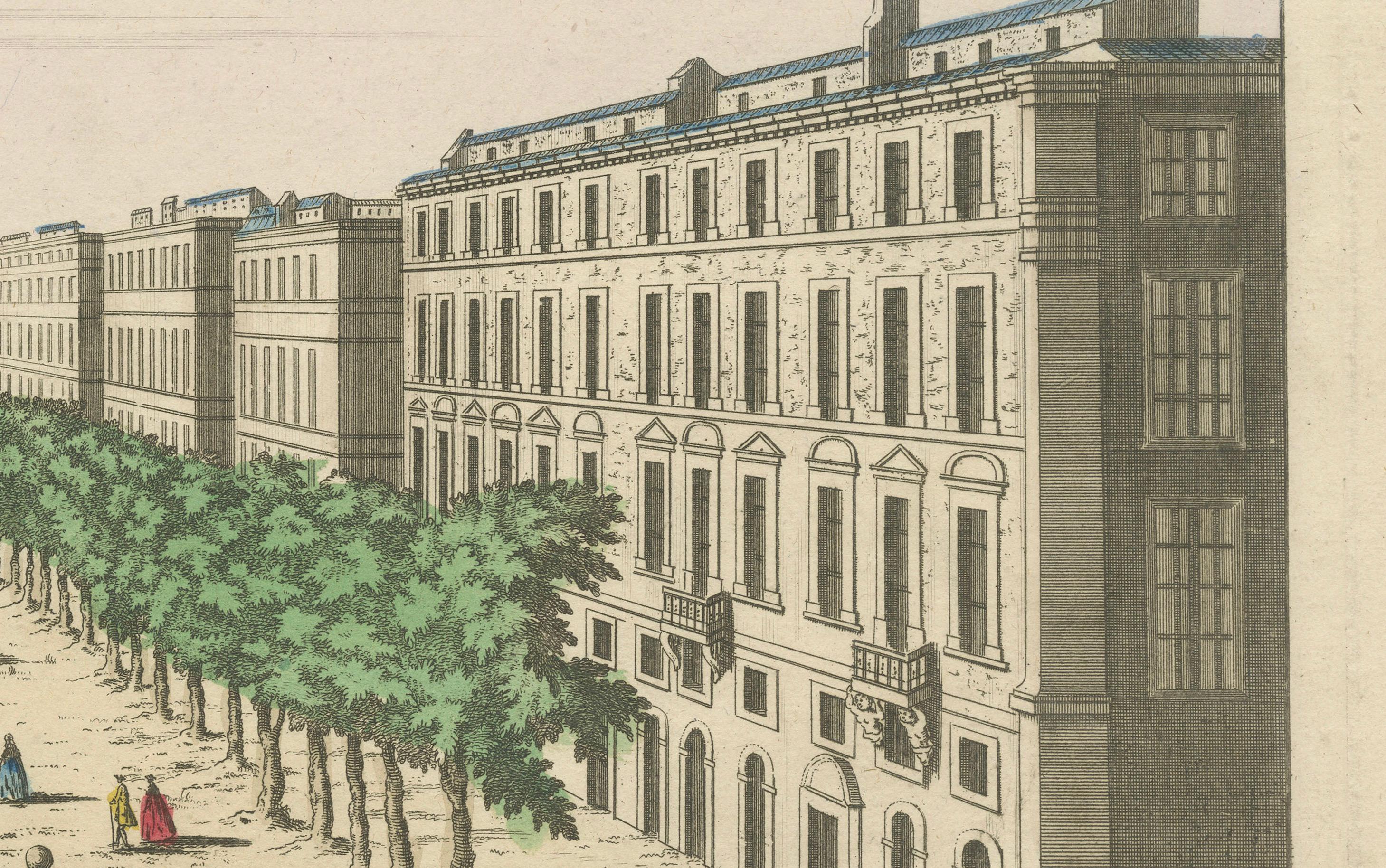 View of the Cours in Marseille – Hand-Colored Engraving by Daumont, ca.1770