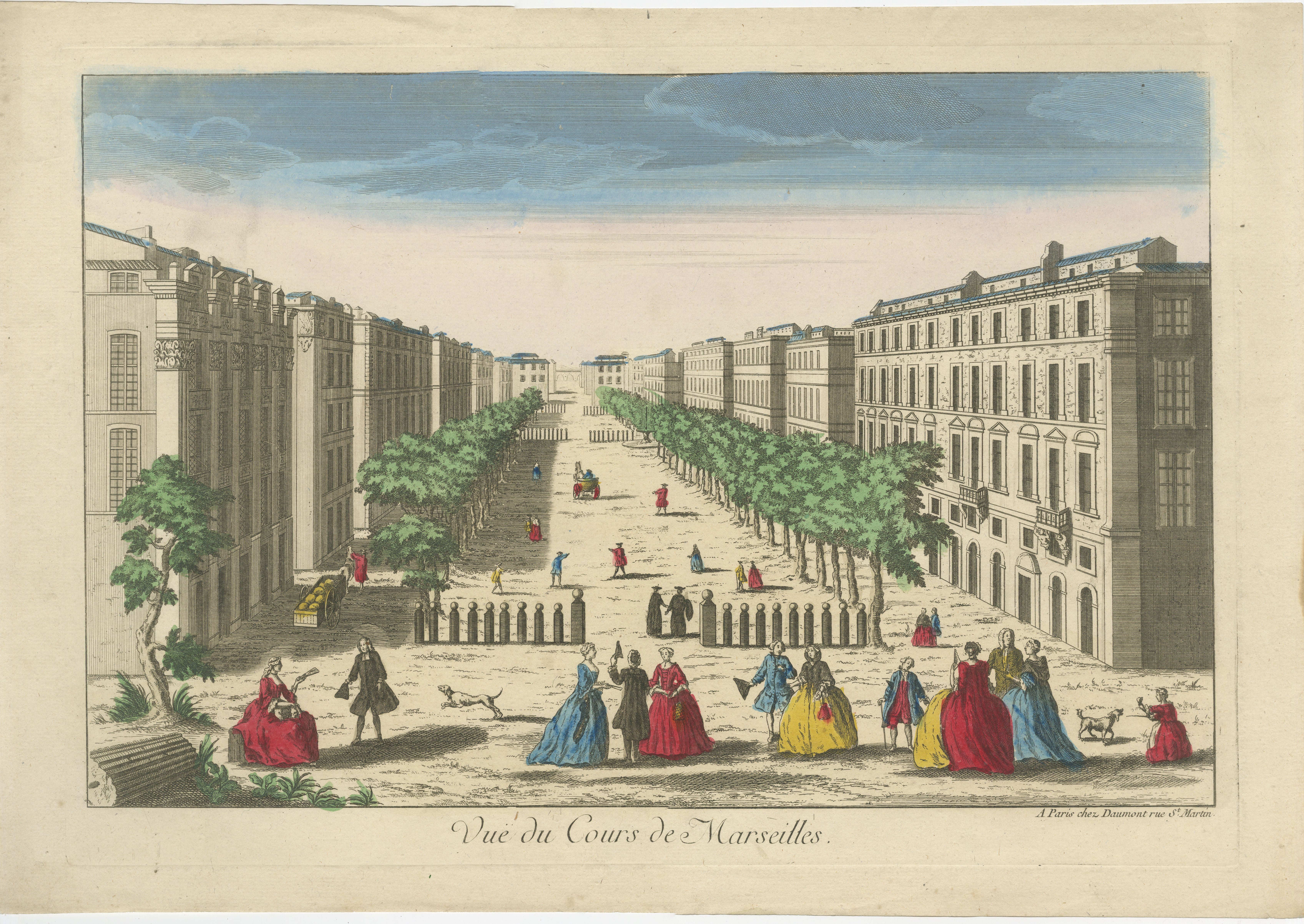 Vue du Cours de Marseille - Gravure à la main de Daumont, vers 1770