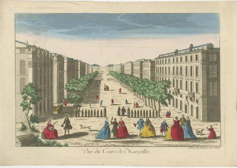 View of the Cours in Marseille – Hand-Colored Engraving by Daumont, ca.1770