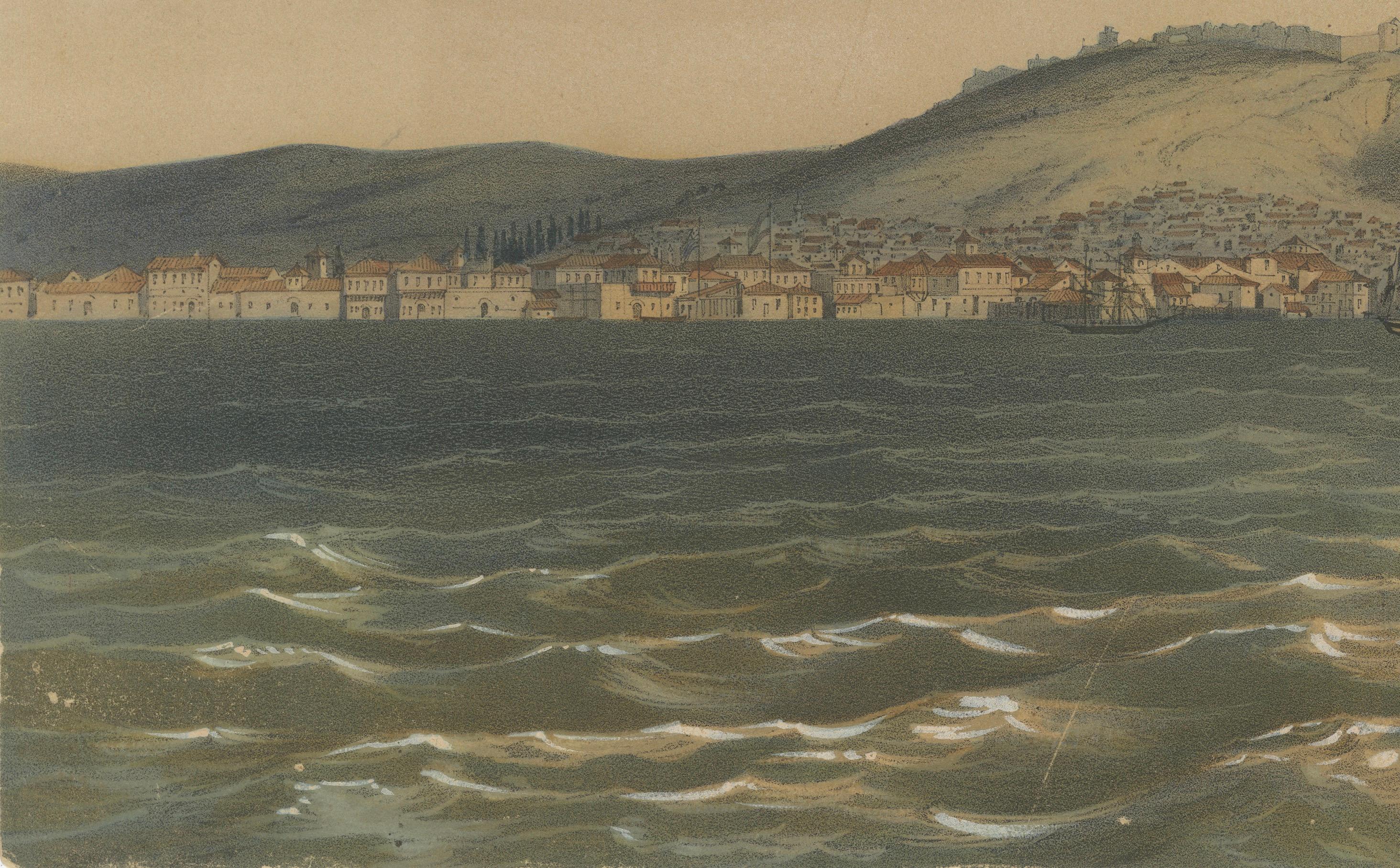 Dieses Werk ist eine handkolorierte, getönte Lithografie, die wahrscheinlich von Théodore du Moncel um 1840 geschaffen wurde. Es zeigt eine malerische Ansicht eines befestigten Hügels mit einer belebten Uferpromenade und einer Vielzahl von