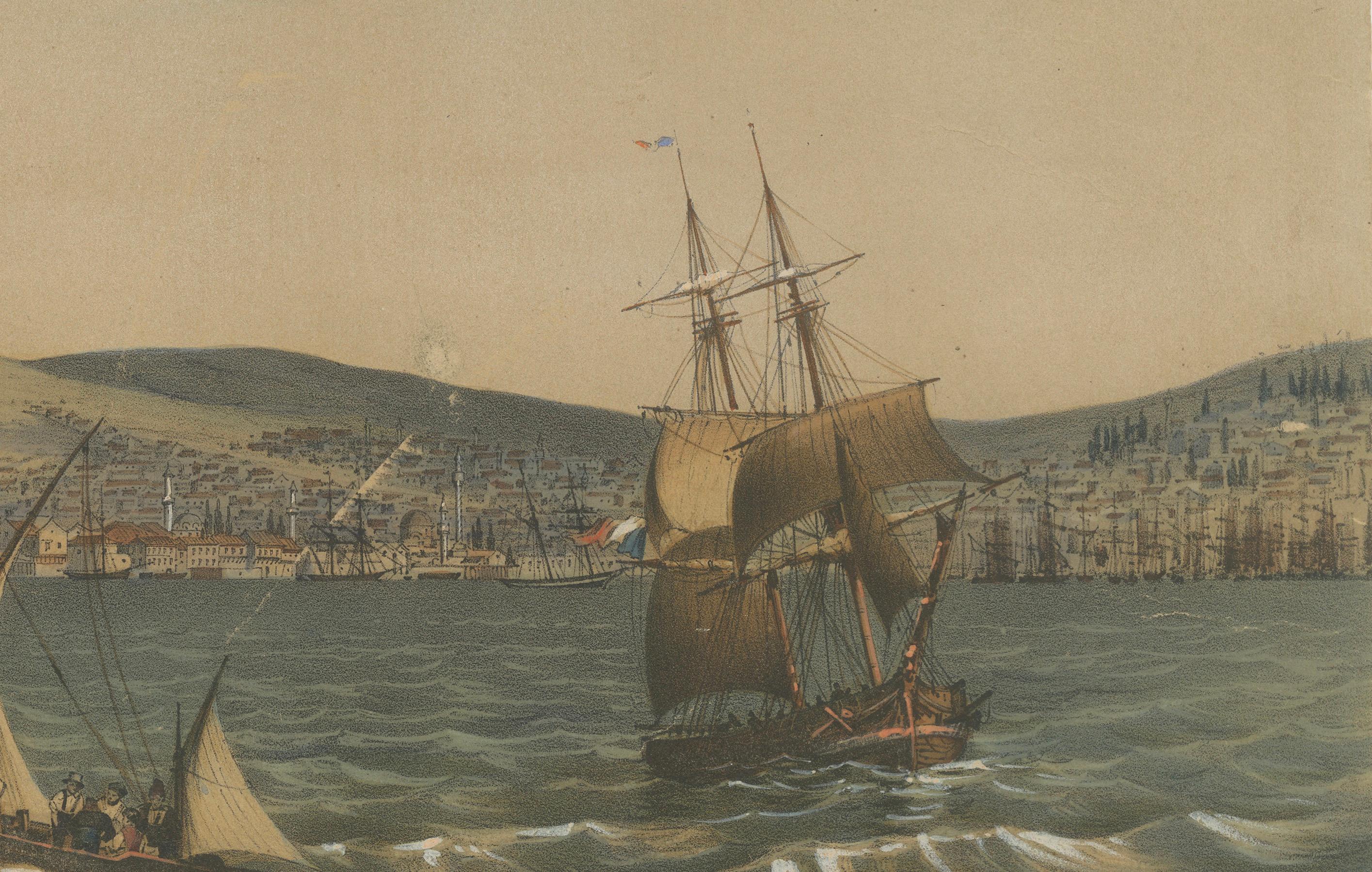 View of the Dardanelles: Fortified Hill and Ships, Handkolorierte Lithographie der Dardanelles, 1840 im Zustand „Gut“ im Angebot in Langweer, NL
