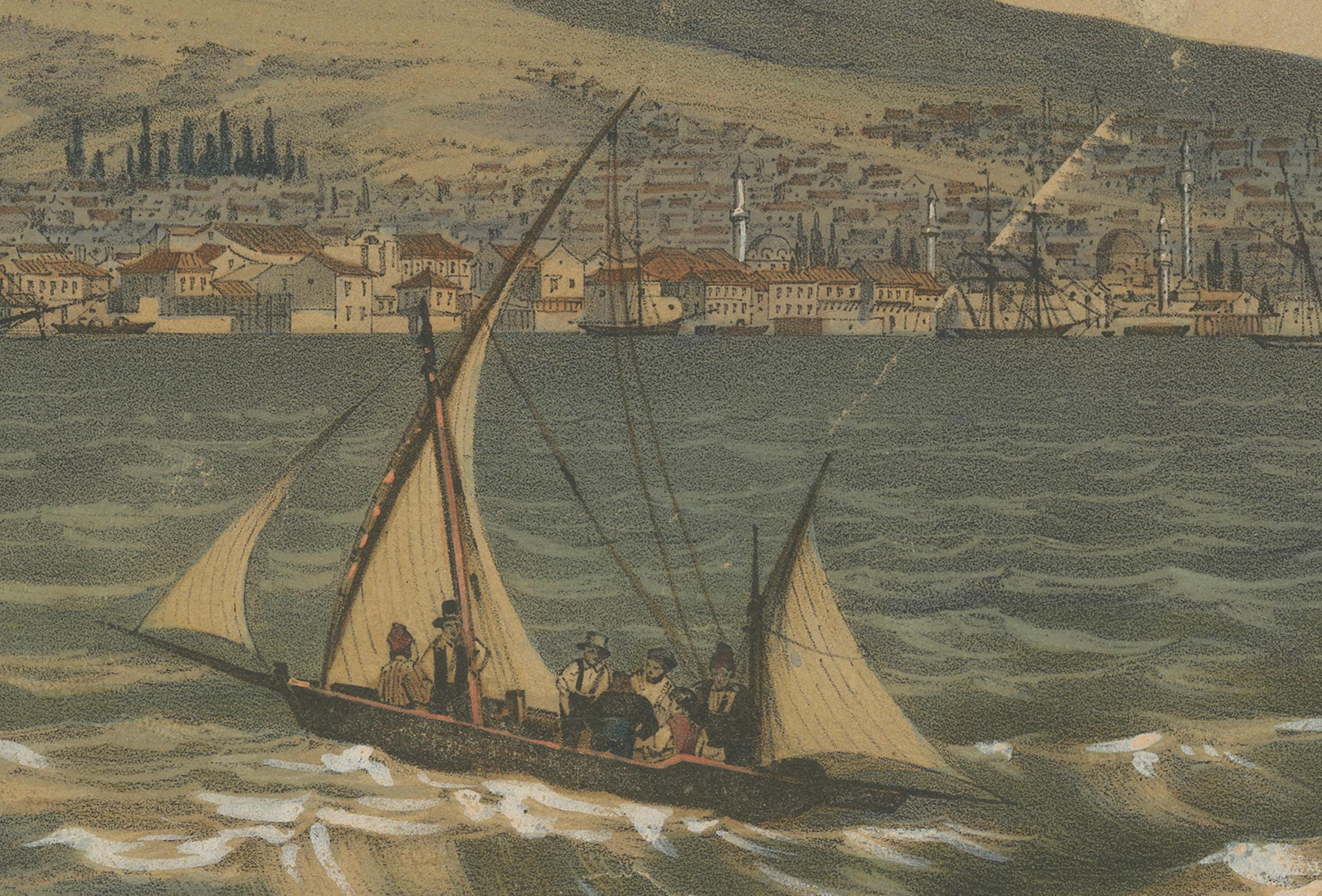 View of the Dardanelles: Fortified Hill and Ships, Handkolorierte Lithographie der Dardanelles, 1840 (Mittleres 19. Jahrhundert) im Angebot