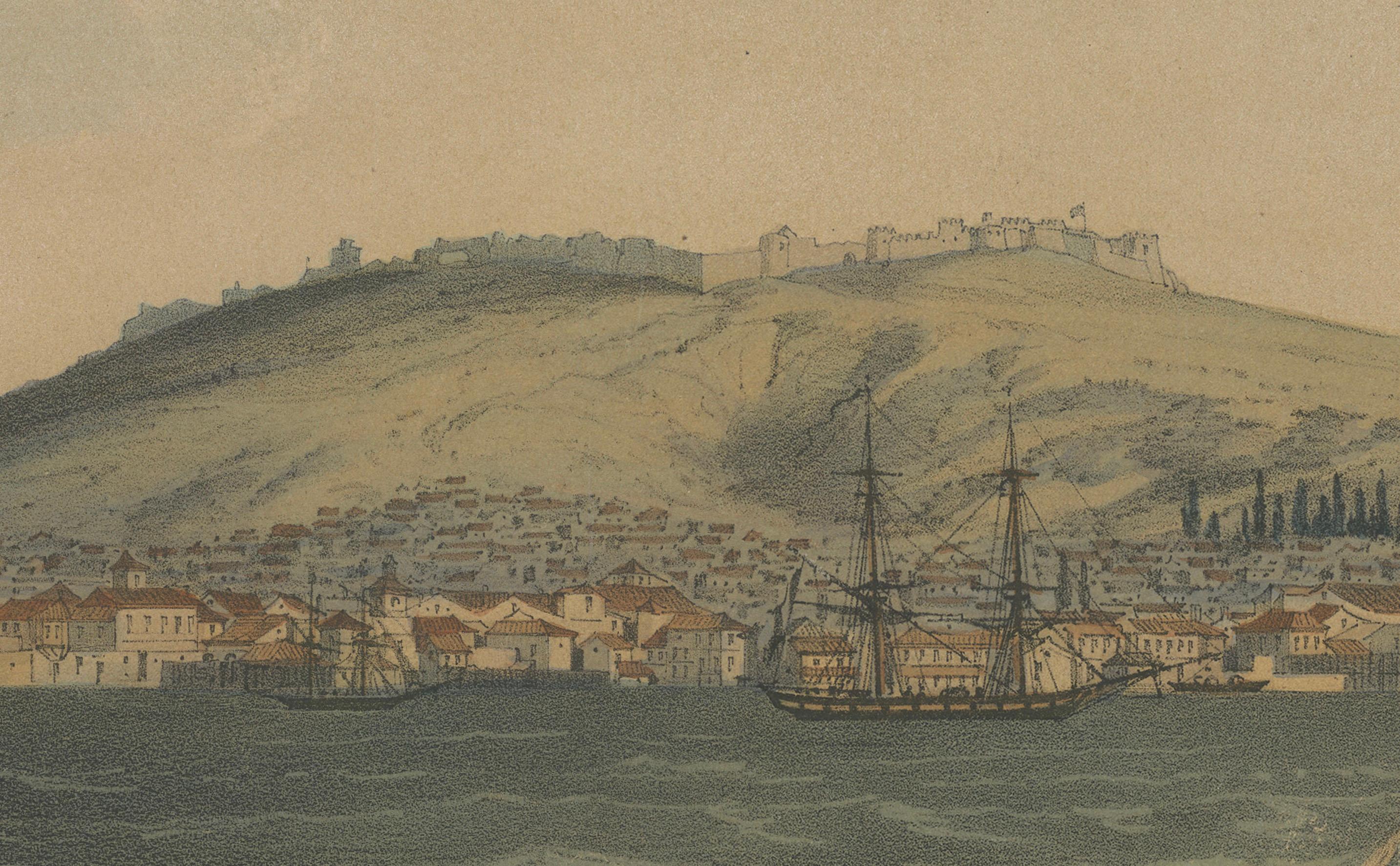 View of the Dardanelles: Fortified Hill and Ships, Handkolorierte Lithographie der Dardanelles, 1840 (Papier) im Angebot