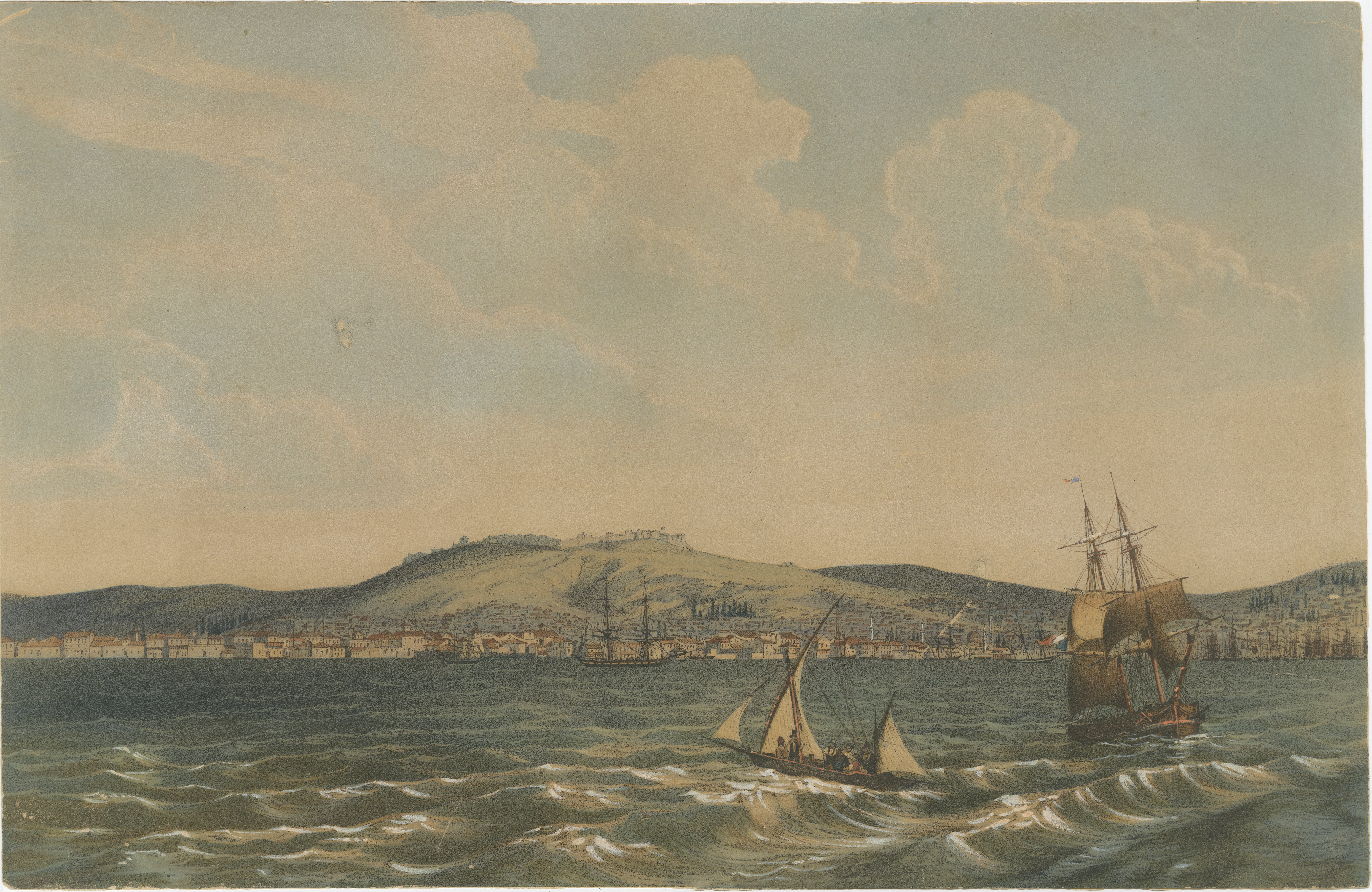 Vista de los Dardanelos: Colina fortificada y barcos, litografía coloreada a mano, 1840