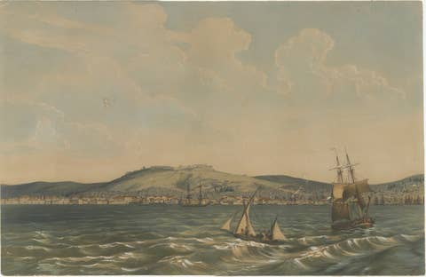 View of the Dardanelles: Fortified Hill and Ships, Hand-Colored Lithograph, 1840