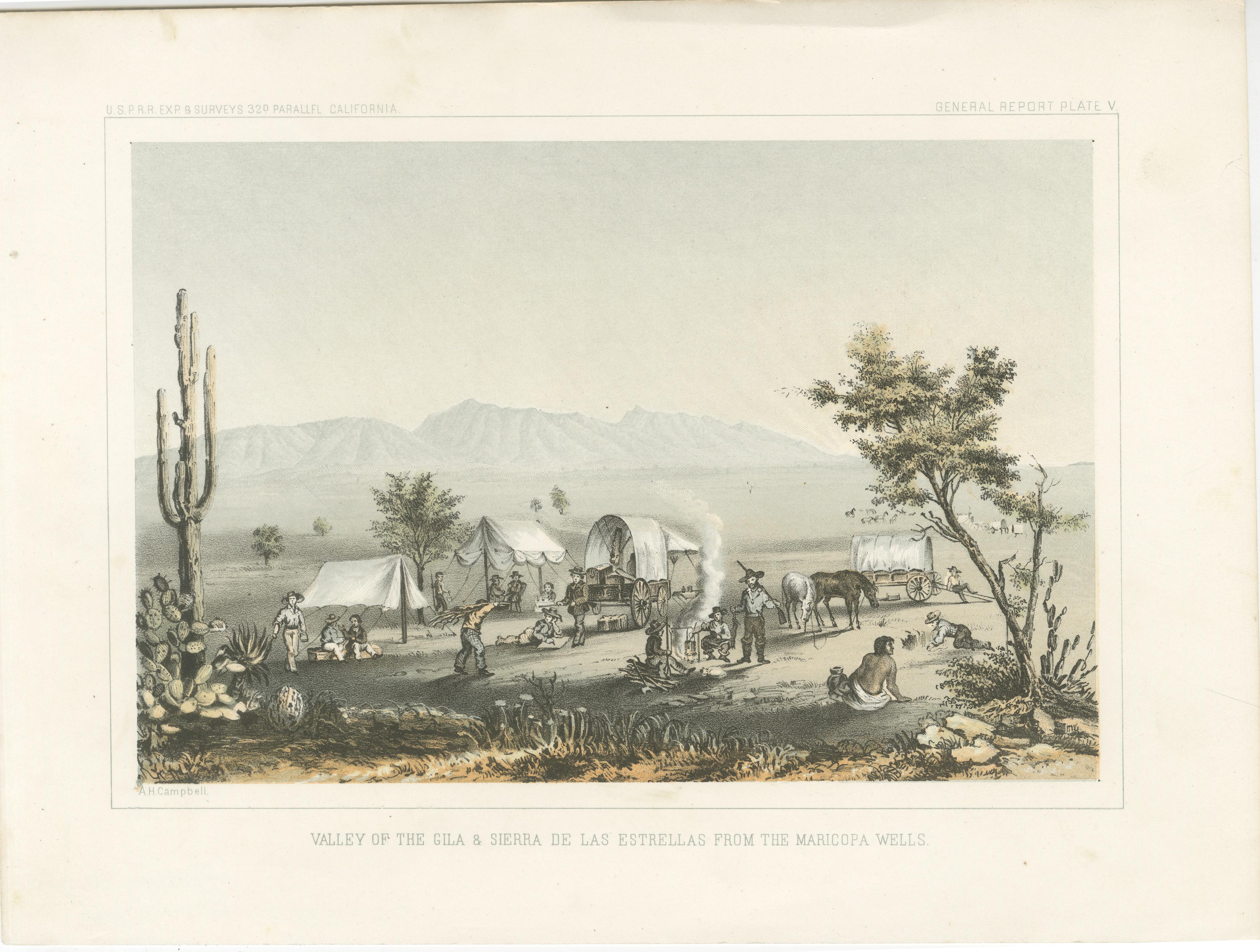 Vista panorámica del Valle de Gila y la Sierra de las Estrellas en Maricopa Wells  

Esta litografía capta un momento pintoresco en el Valle de Gila y la Sierra de las Estrellas, vistos desde los históricos Pozos de Maricopa, cerca de Phoenix,