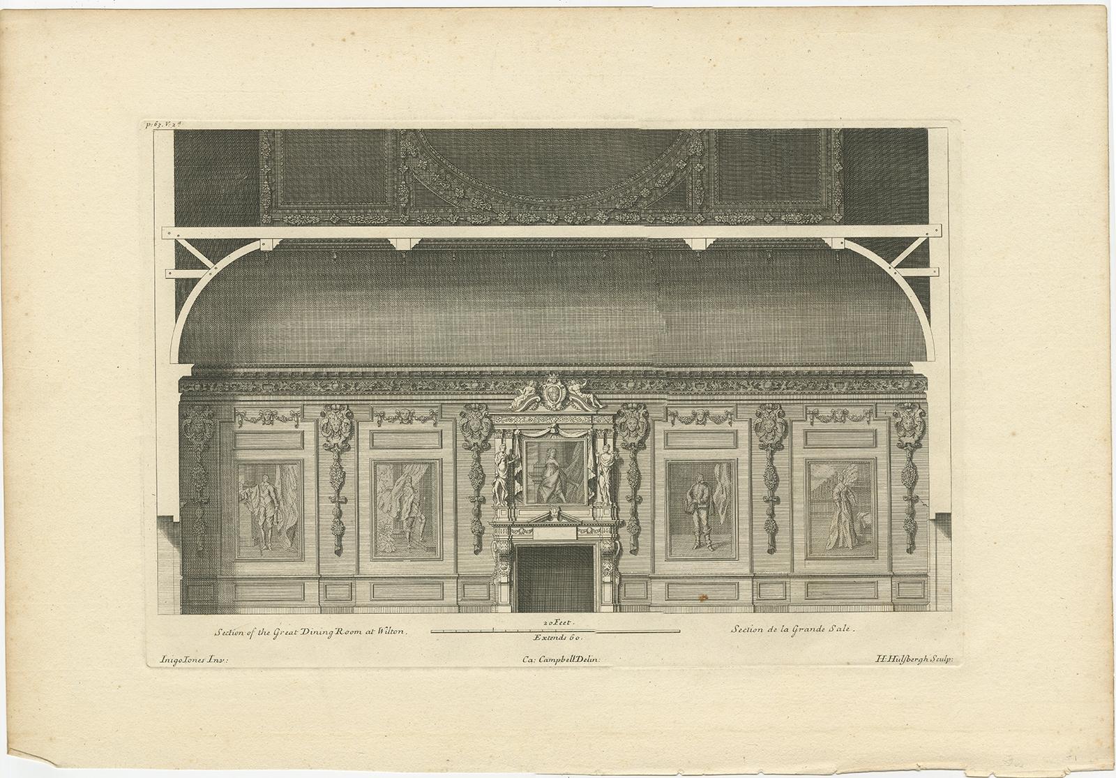 Antique print titled 'Section of the Great Dining Room at Wilton (..)'. 

View of the great dining room of Wilton House, also known as the 'Double Cube Room' this room was part of a design for a series of state rooms by the architects Inigo Jones