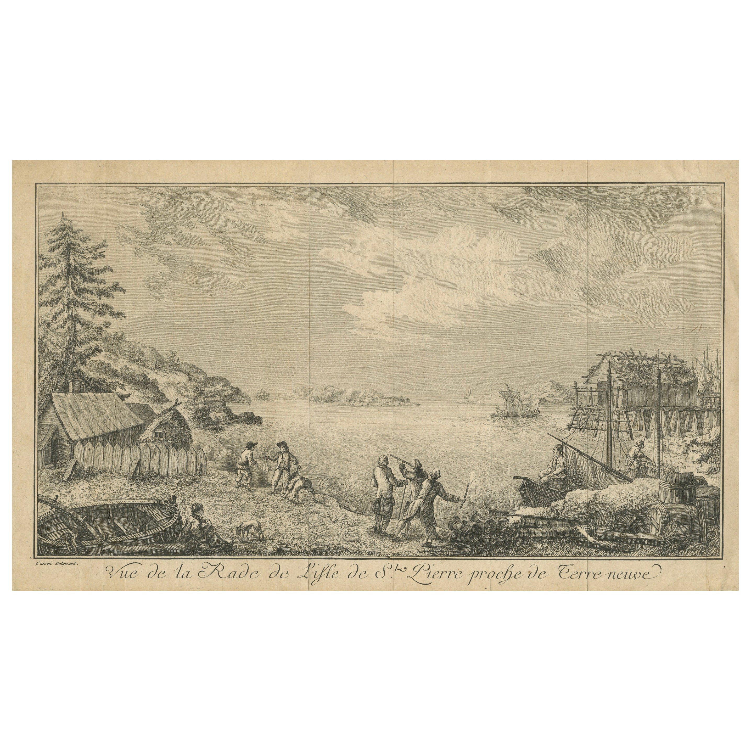 Vue du port de St Pierre, Terre-Neuve - Gravure côtière française ancienne