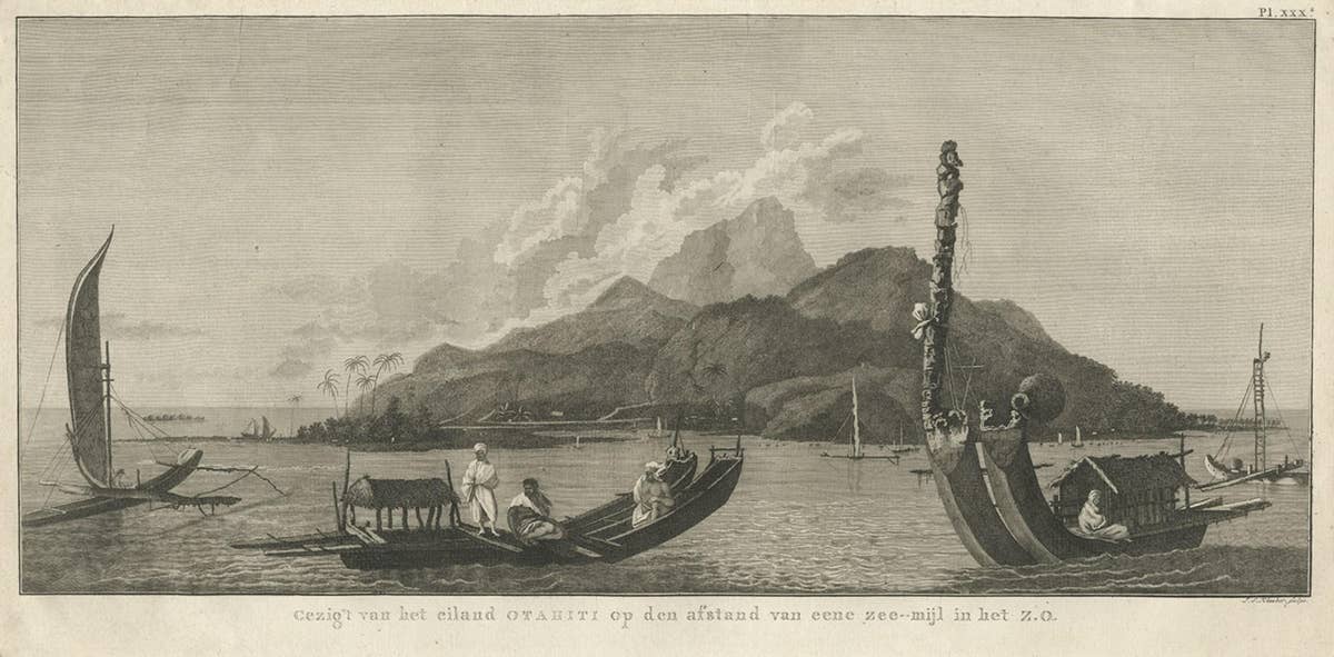 View of the Island of Tahiti, with Outrigger Canoes and Sailing Catamarans, 1803