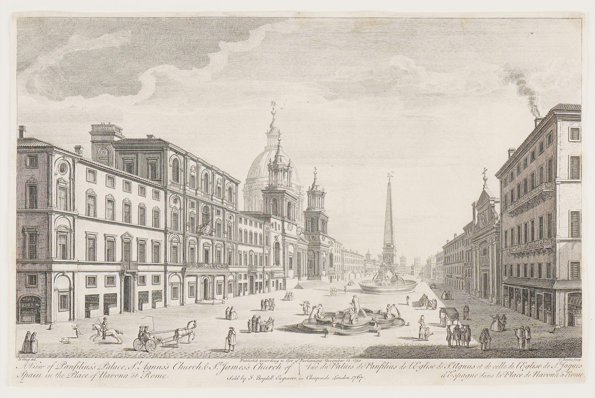 Engraving on laid paper of the Piazza Navona in Rome. The view is expansive, with the Fontana del Moro in the foreground, the Fiumi Fountain in the center of the piazza, and the dome of Sant'Agnese in Agone looming in the background.

Text below the