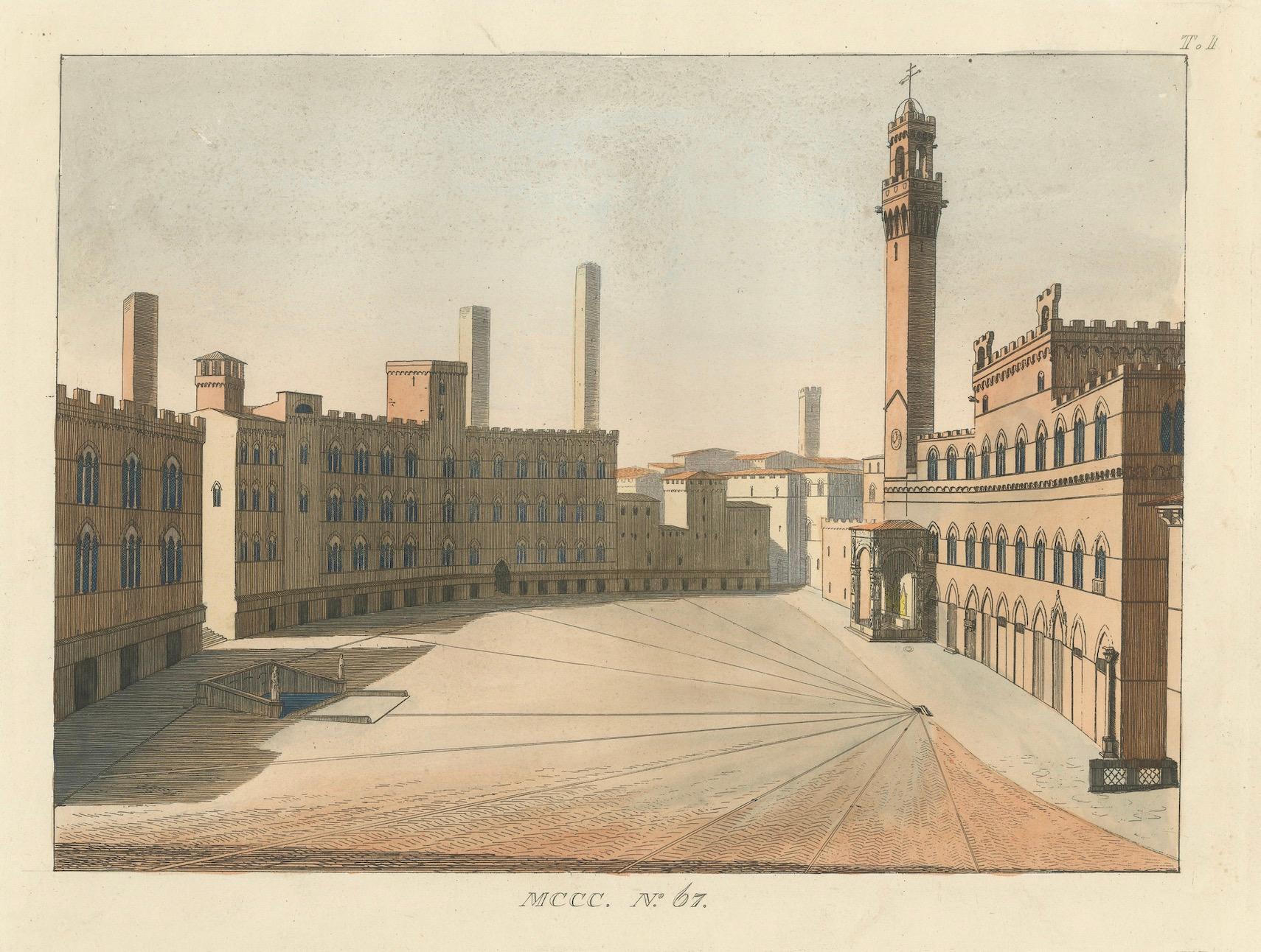 View of the Piazza del Campo and Palazzo Pubblico in Siena, 14th Century

This finely hand-colored print, labeled No.67, offers a masterful architectural rendering of the Piazza del Campo in Siena—one of Italy's most iconic civic spaces. Dominated