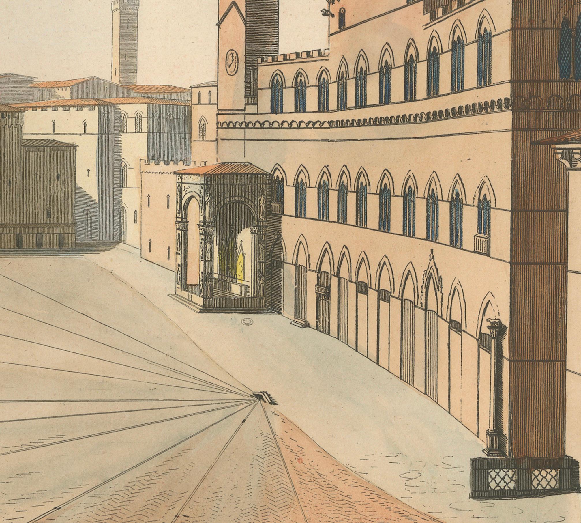 Engraved View of the Piazza del Campo and Palazzo Pubblico in Siena, 14th Century, 1845 For Sale