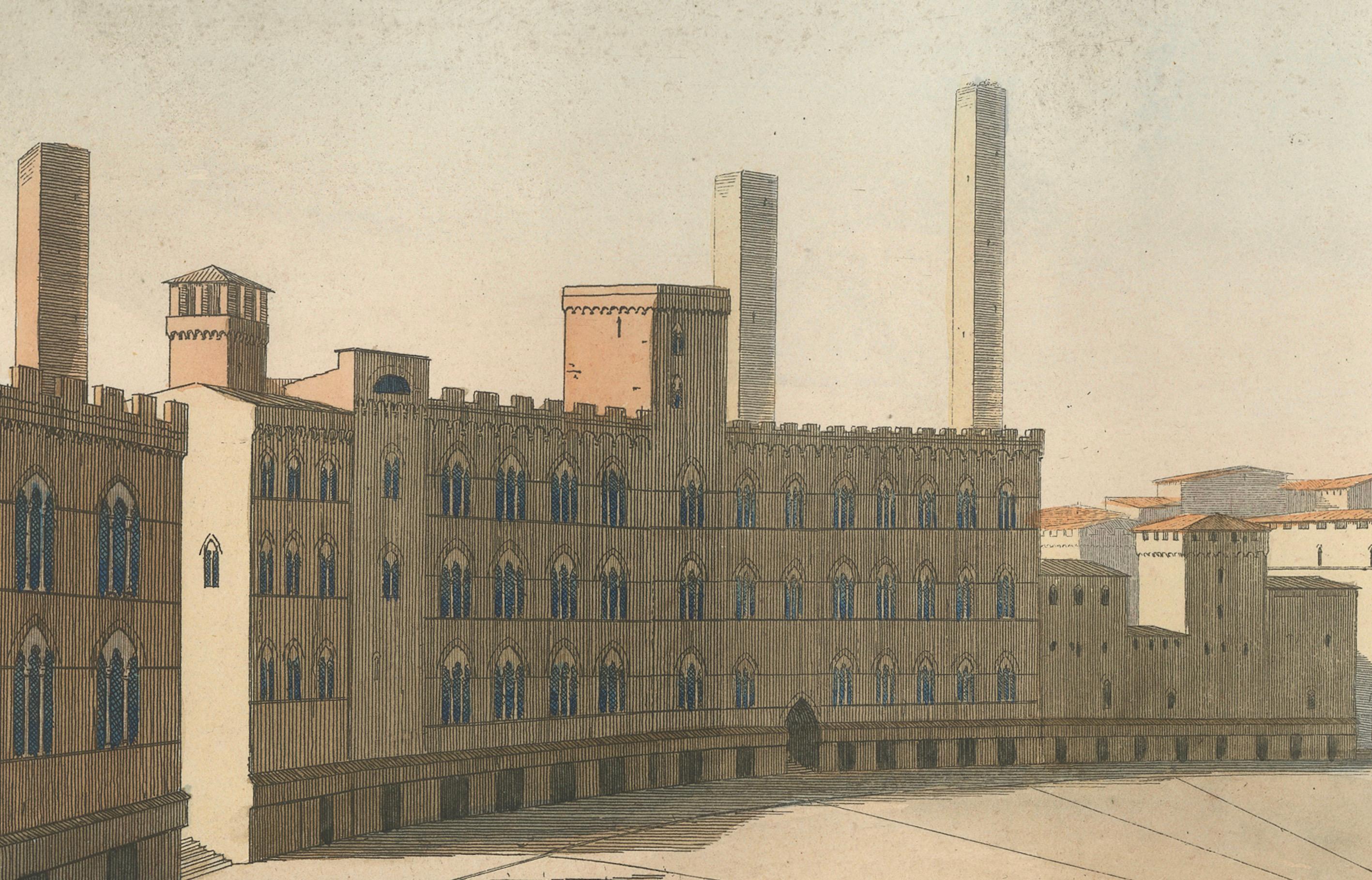 19th Century View of the Piazza del Campo and Palazzo Pubblico in Siena, 14th Century, 1845 For Sale