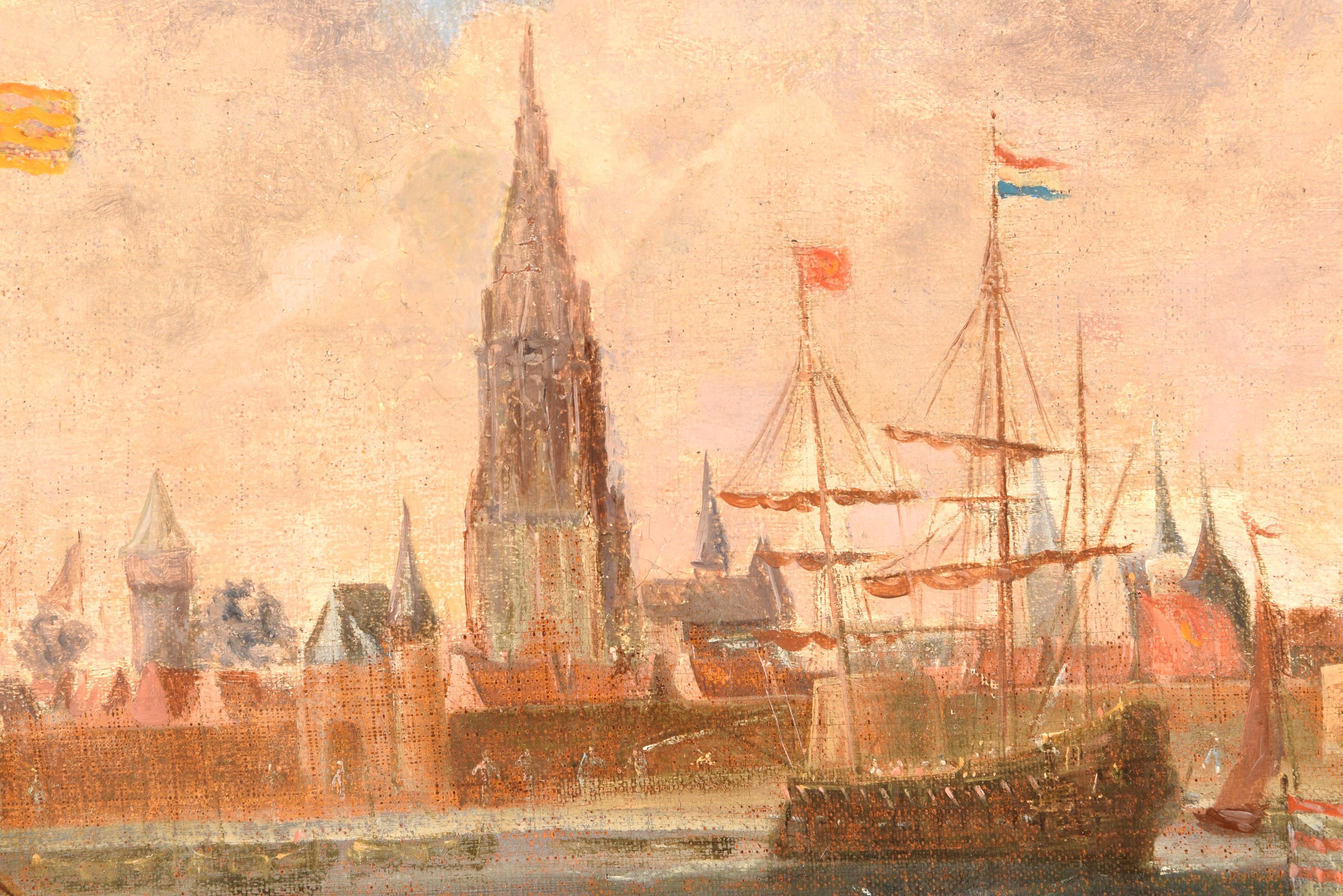 View of the pier of Antwerp. Oil on canvas. Flemish school, 18th century.  In Fair Condition For Sale In Madrid, ES