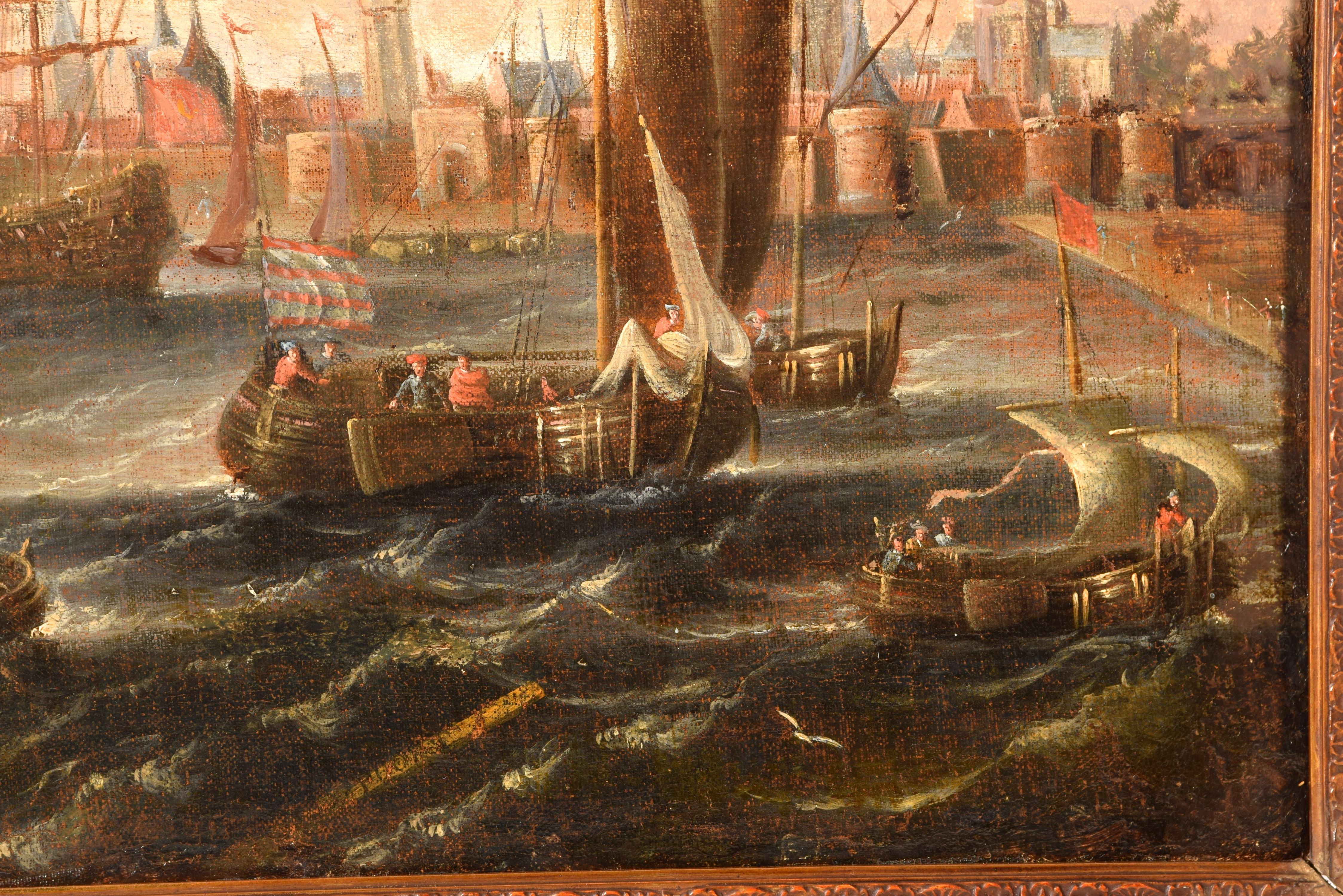 European View of the pier of Antwerp. Oil on canvas. Flemish school, 18th century.  For Sale