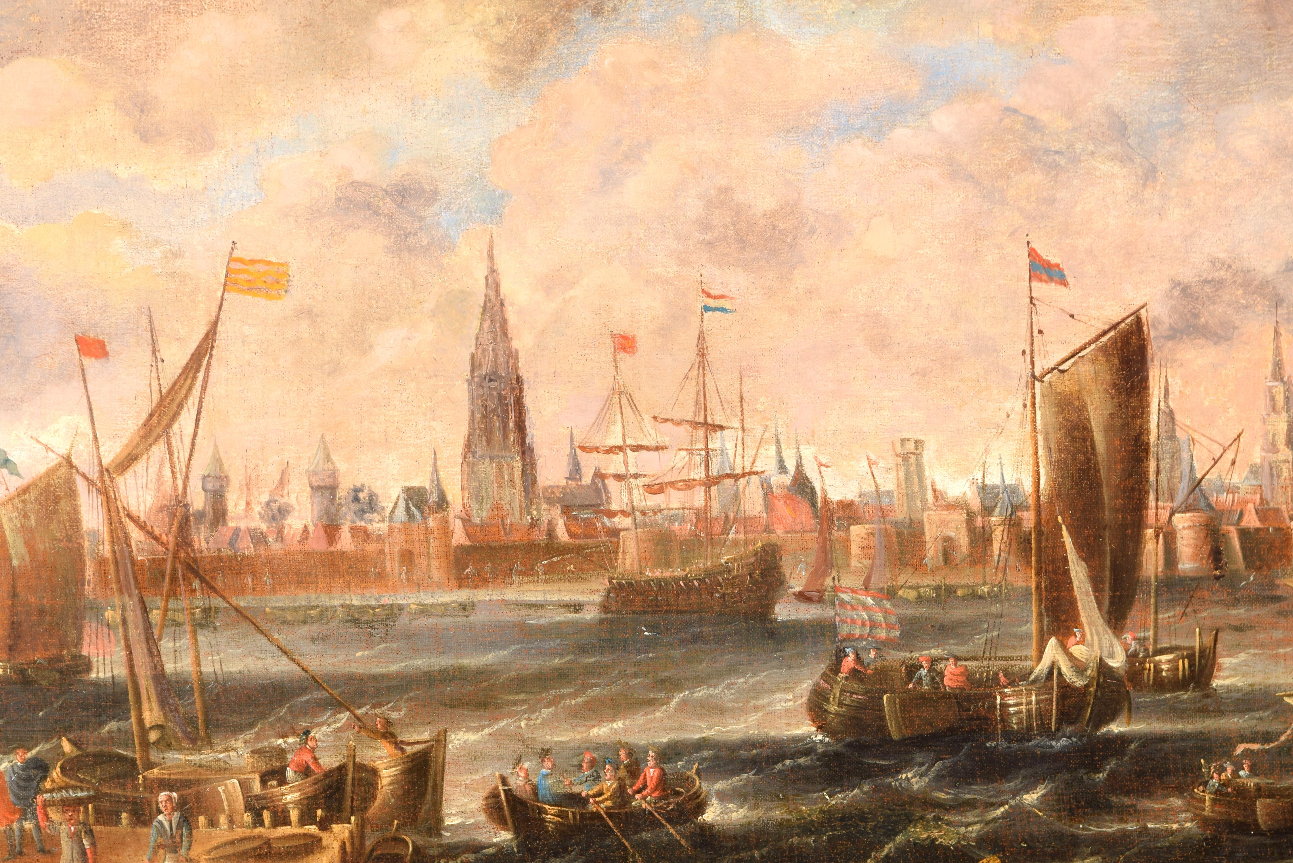 View of the pier of Antwerp. Oil on canvas. Flemish school, 18th century. 
Numerous ships and boats appear in the landscape, accompanied by small characters. In the background a city stands out, with walls, houses, towers, etc., among which a tall