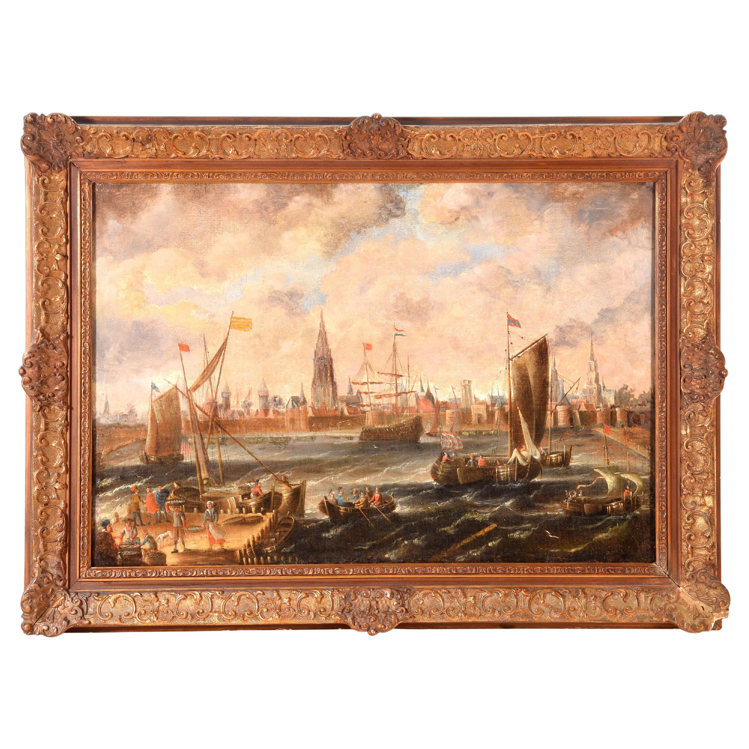 View of the pier of Antwerp. Oil on canvas. Flemish school, 18th century.  For Sale