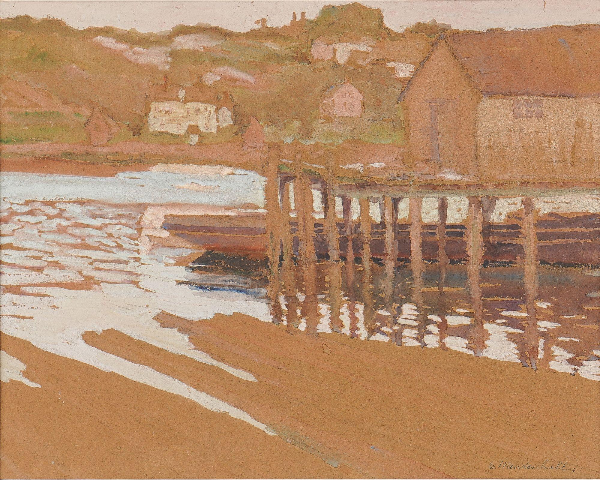 Cincinnati School gouache on laid paper by Emma Mendenhall (1873-1964) of waterside piers and fish house number one in Rockport, Massachusetts. Archival mat and mounted under UV filtering glass.

Signed in graphite, lower right: E