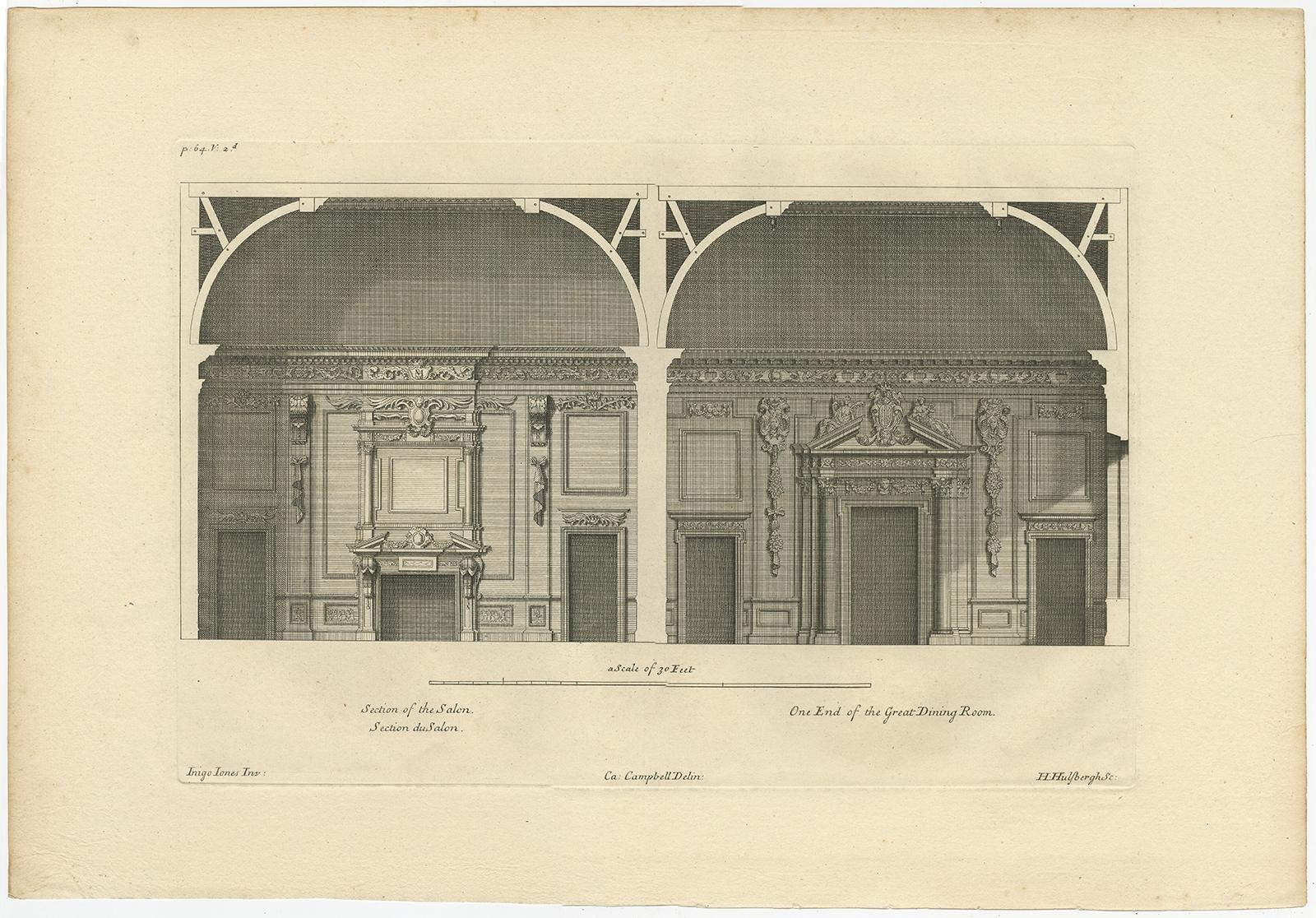 Antique print titled 'Section of the Salon, one end of the great dining room (..)'. 

View of the salon ('Single Cube Room') and great dining room of Wilton House, also known as the 'Double Cube Room' this room was part of a design for a series of