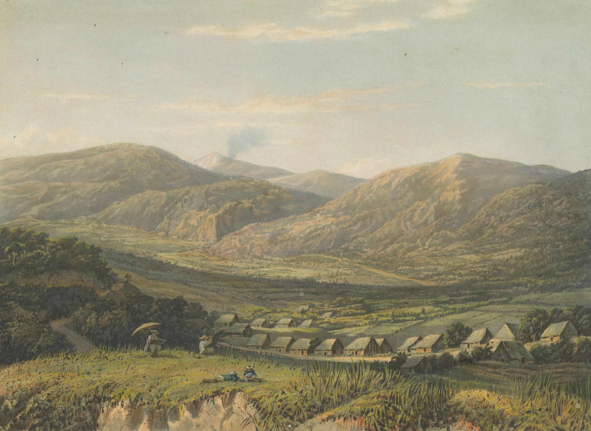 Blick auf das Tengger-Gebirge, Ost-Java - Seltene Java-Landschaftslithographie, 1872

Diese weitläufige und detailreiche Chromolithografie zeigt einen Panoramablick auf das Tengger-Gebirge in der östlichen Ecke von Java. Es handelt sich um die Tafel