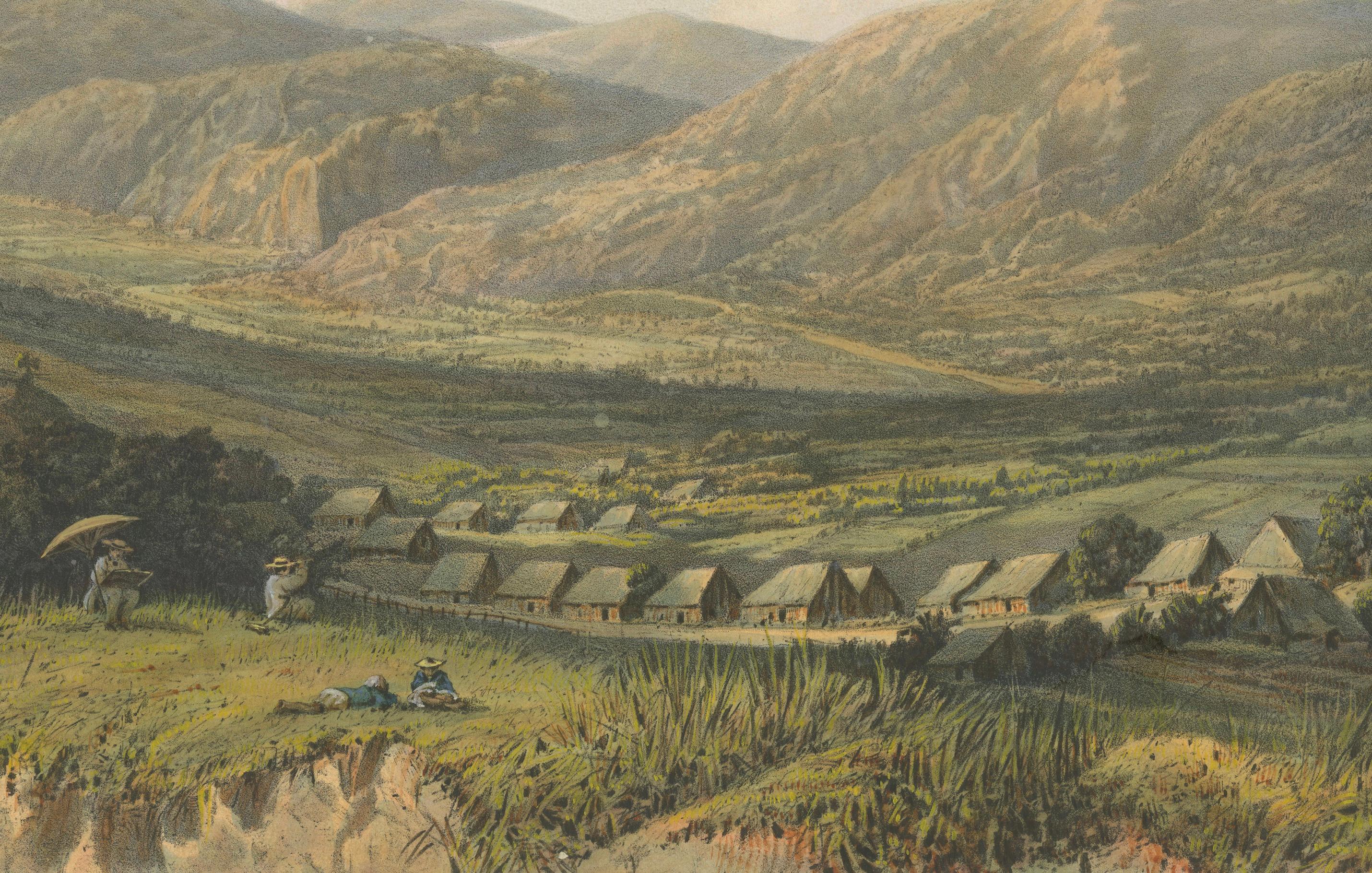 Blick auf das Tengger-Gebirge, Ost-Java - Seltene Java-Landschaftslithographie, 1872 im Zustand „Gut“ im Angebot in Langweer, NL