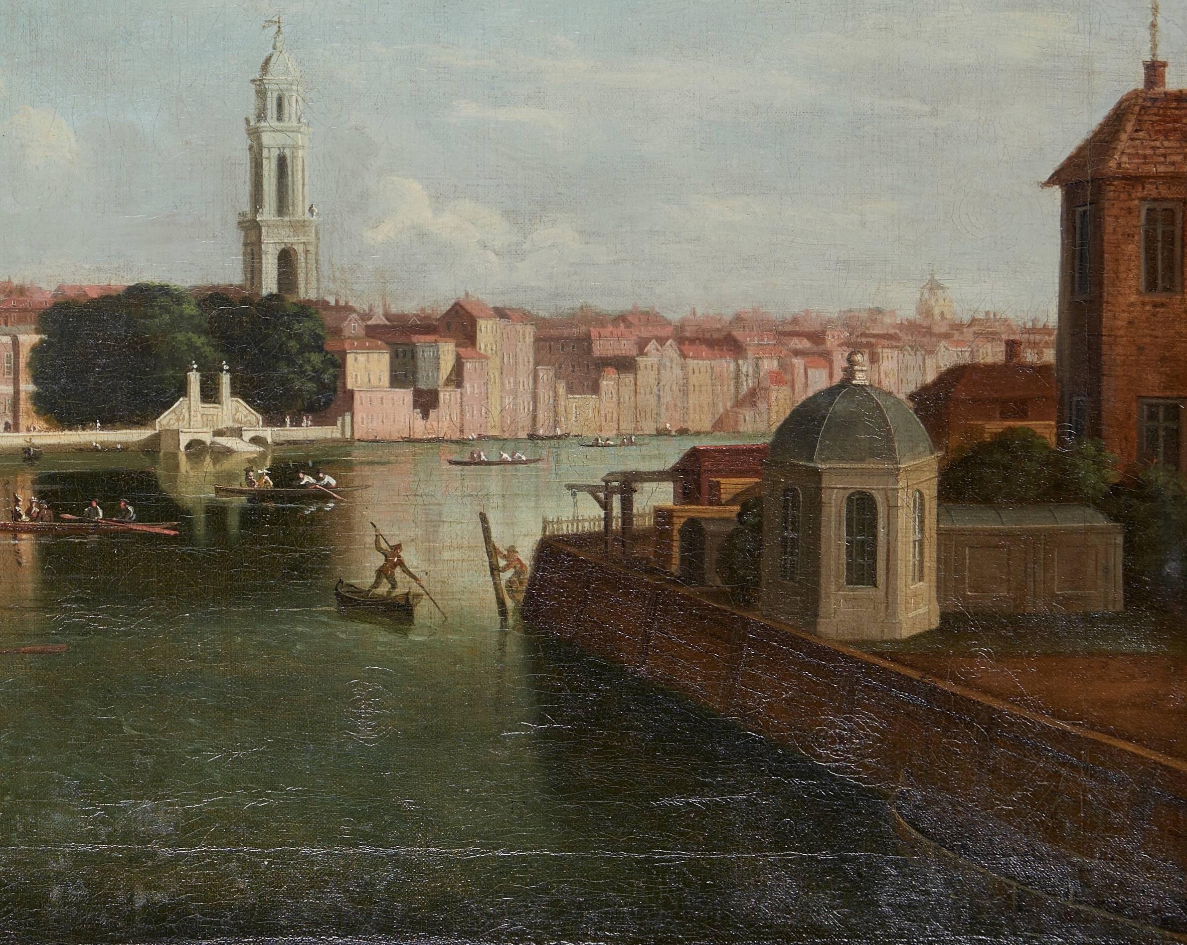 Georgian View of the Thames, Temple Stairs and Old Savoy by Samuel Scott For Sale