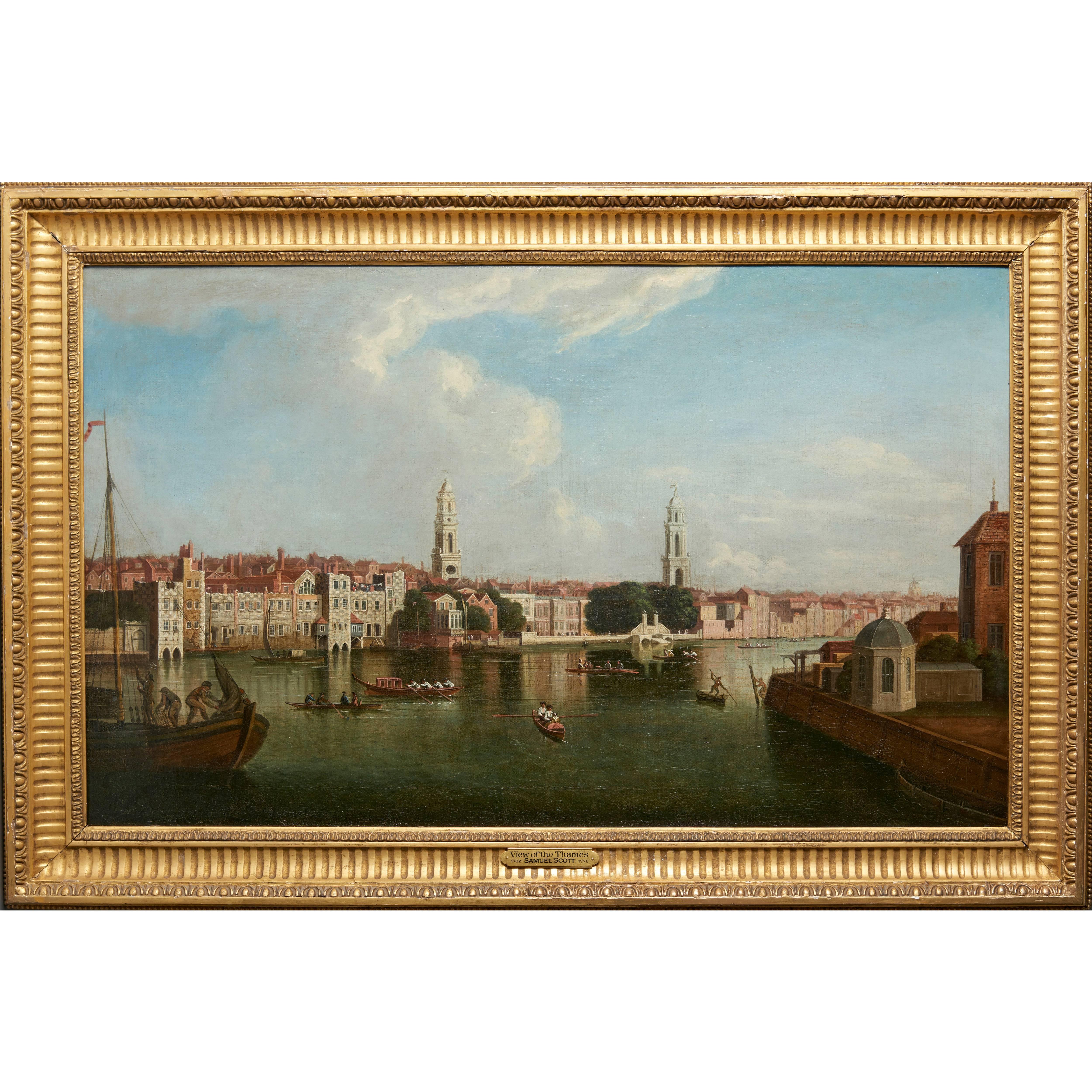 View of the Thames, Temple Stairs and Old Savoy by Samuel Scott For Sale