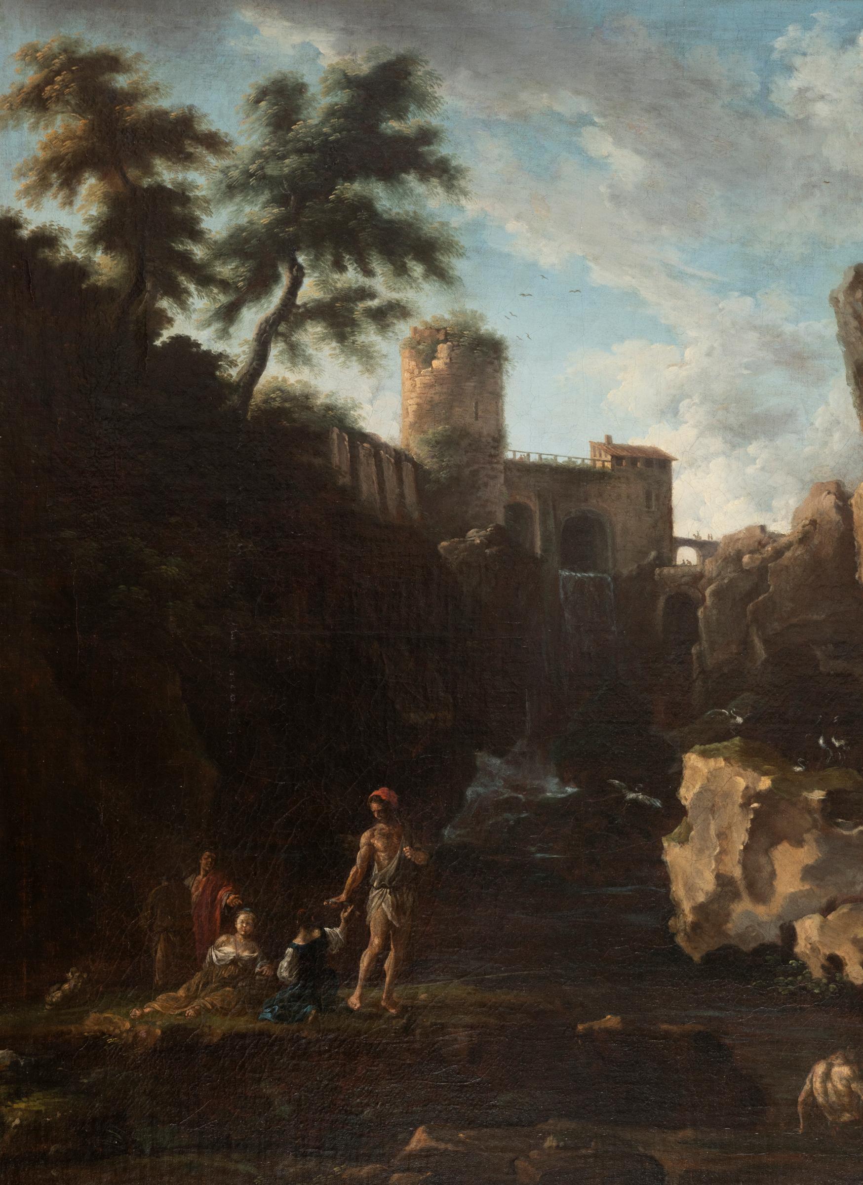 View of the Tivoli waterfall with fisher folk and the Maecenas villa in the hills. Oil on canvas (re-lined) from the 18th century.
This painting was inspired by La Cascade de Tivoli (The Tivoli Waterfall) by Claude-Joseph Vernet, with the Maecenas