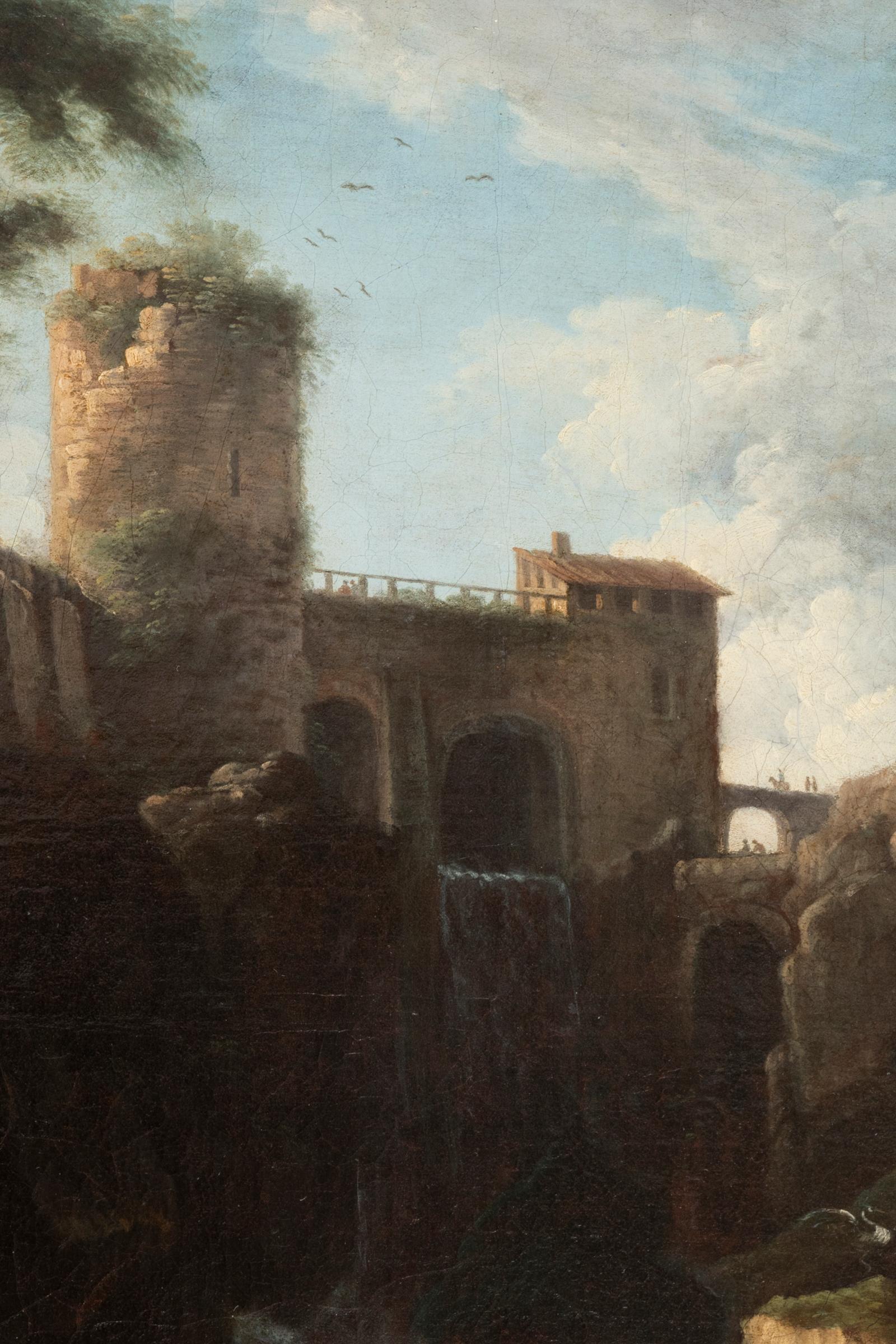 Canvas View of the Tivoli Waterfall, Claude Joseph Vernet's Entourage, 18th Century For Sale