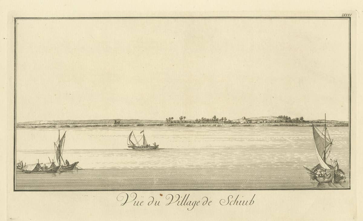 View of the Village of Schub, Nile Egypt – Norden Copper Engraving 1755