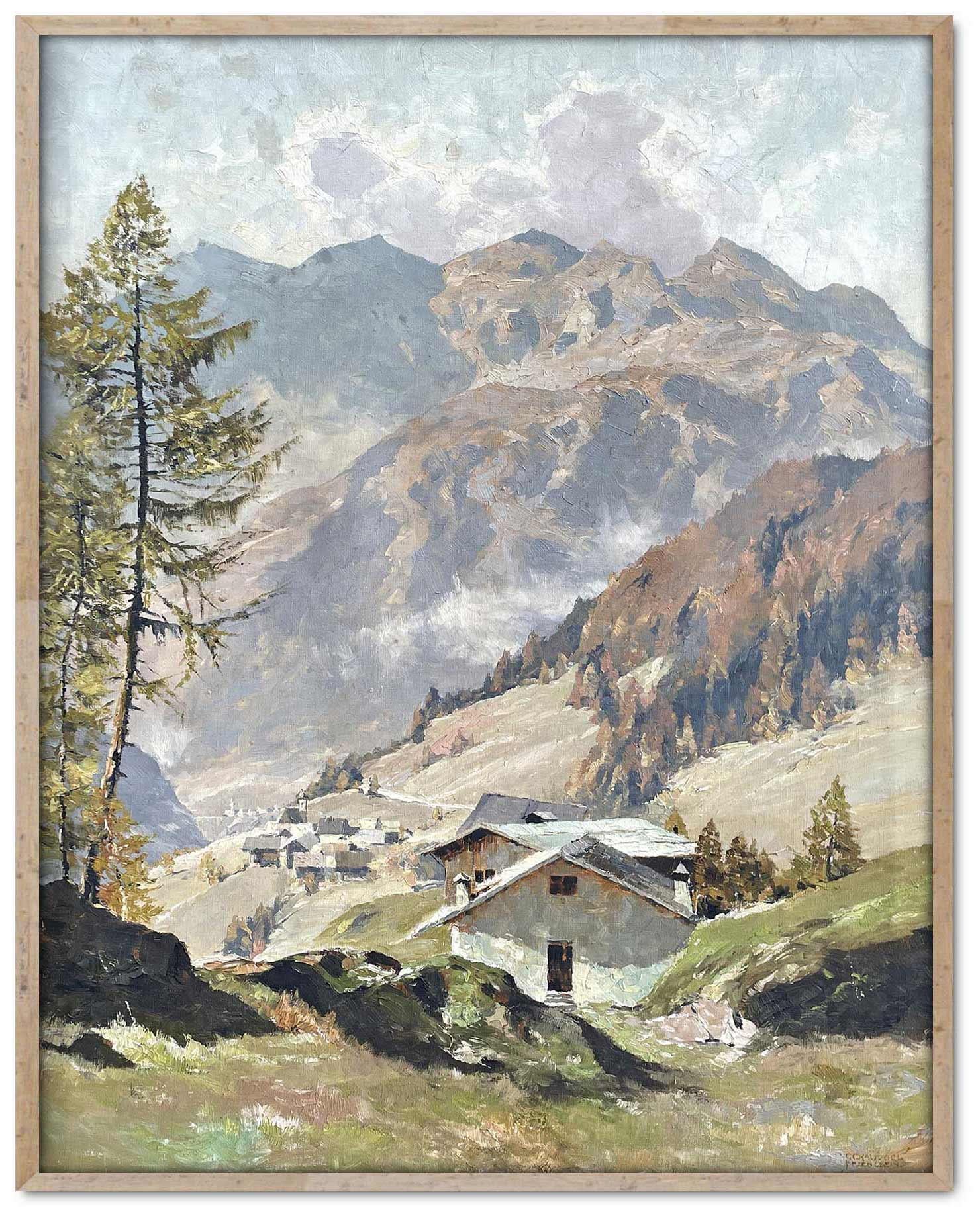 View of Val Gardena Italian Dolomites Oil on Canvas by Georg Grauvogl  In Good Condition In Albignasego, IT