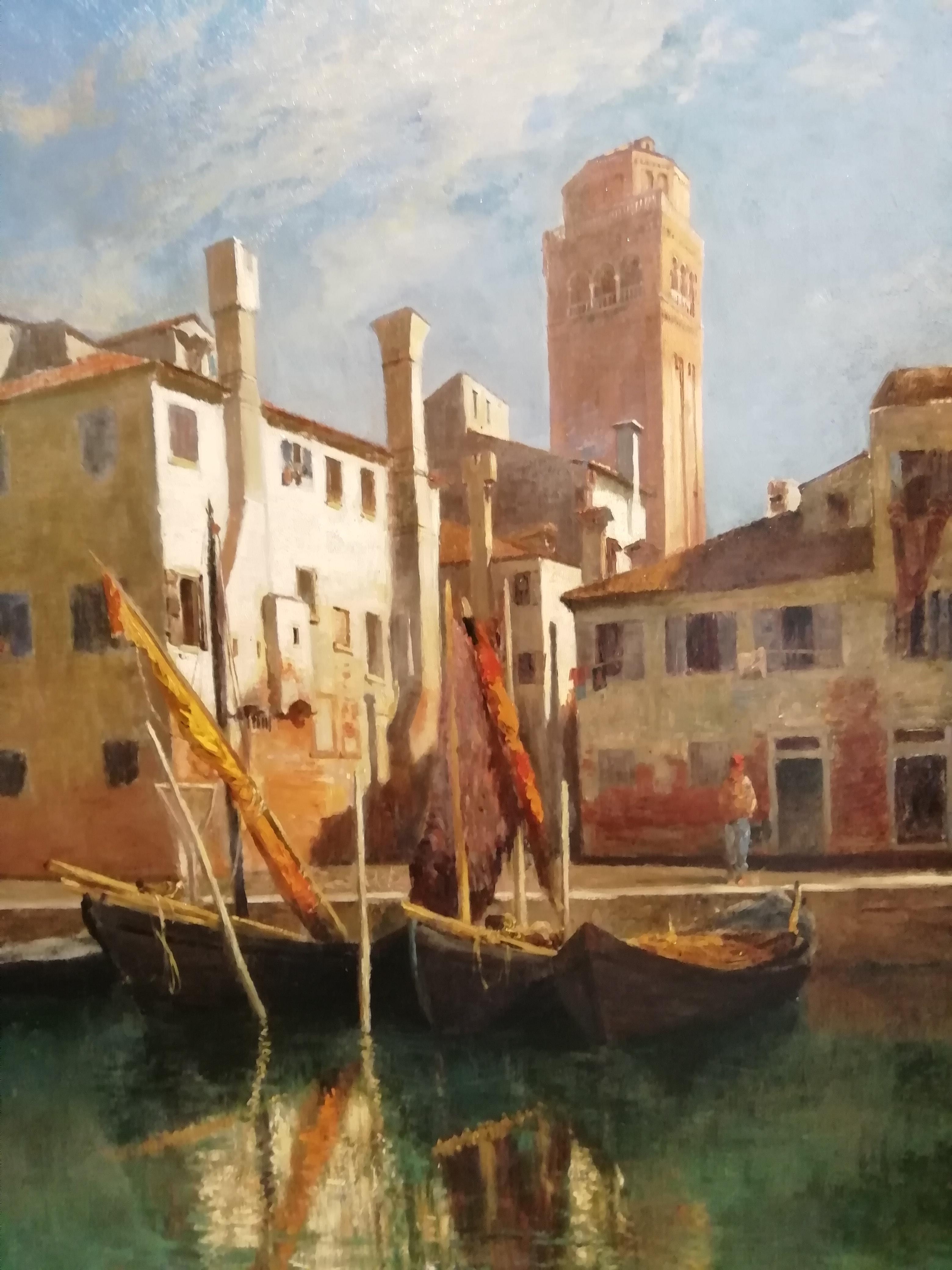 Oiled View of Venice with the Bell Tower of the Basilica dei Frati, Oil Painting For Sale