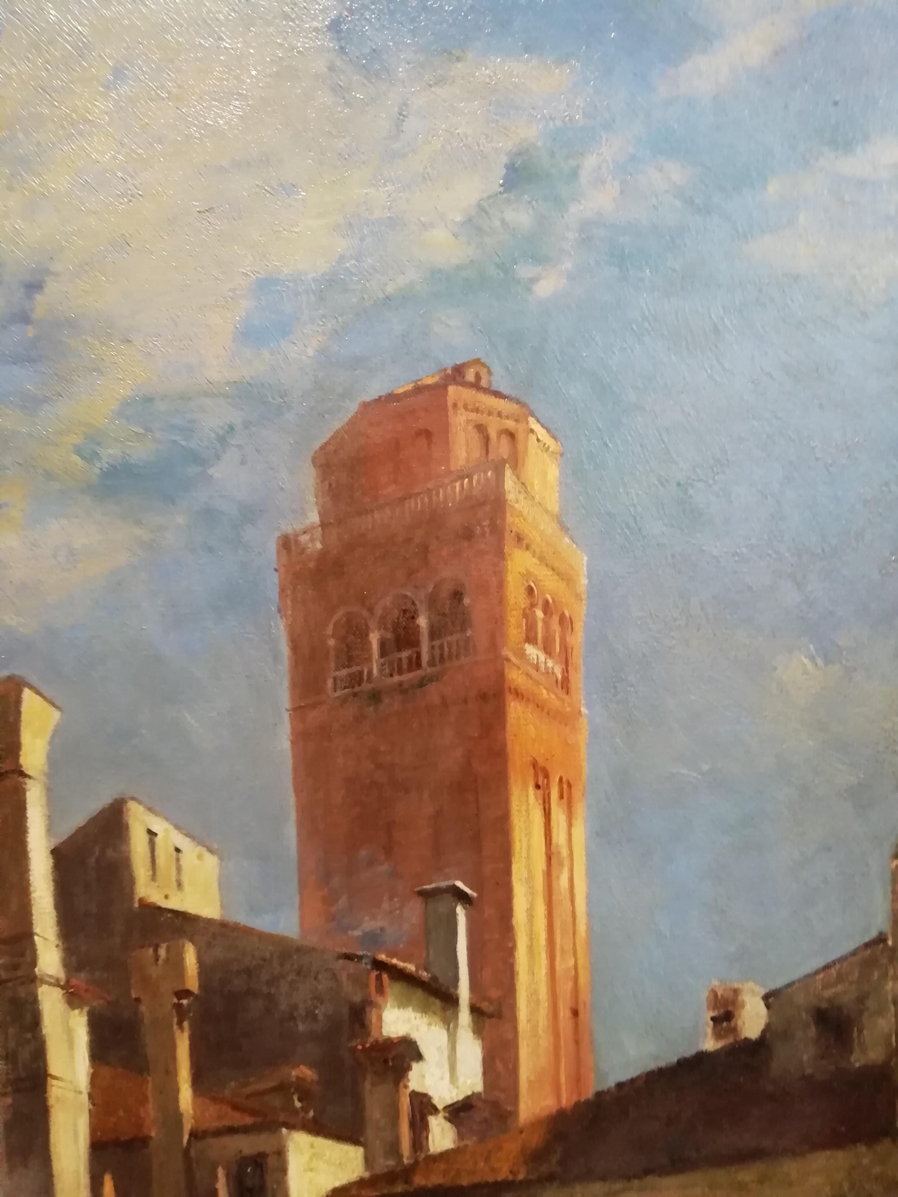 View of Venice with the Bell Tower of the Basilica dei Frati, Oil Painting In Good Condition For Sale In Rome, Italy