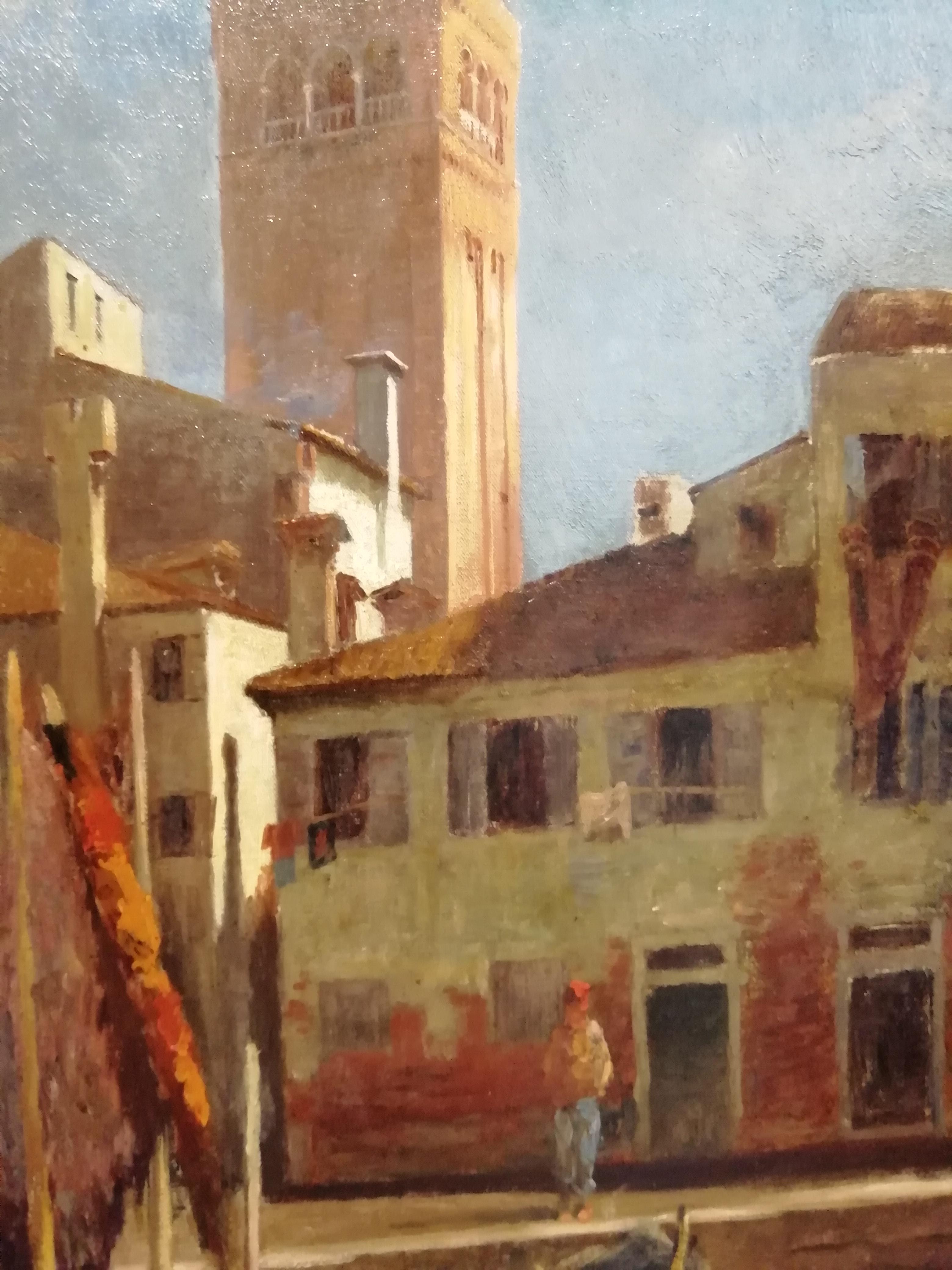 Mid-19th Century View of Venice with the Bell Tower of the Basilica dei Frati, Oil Painting For Sale