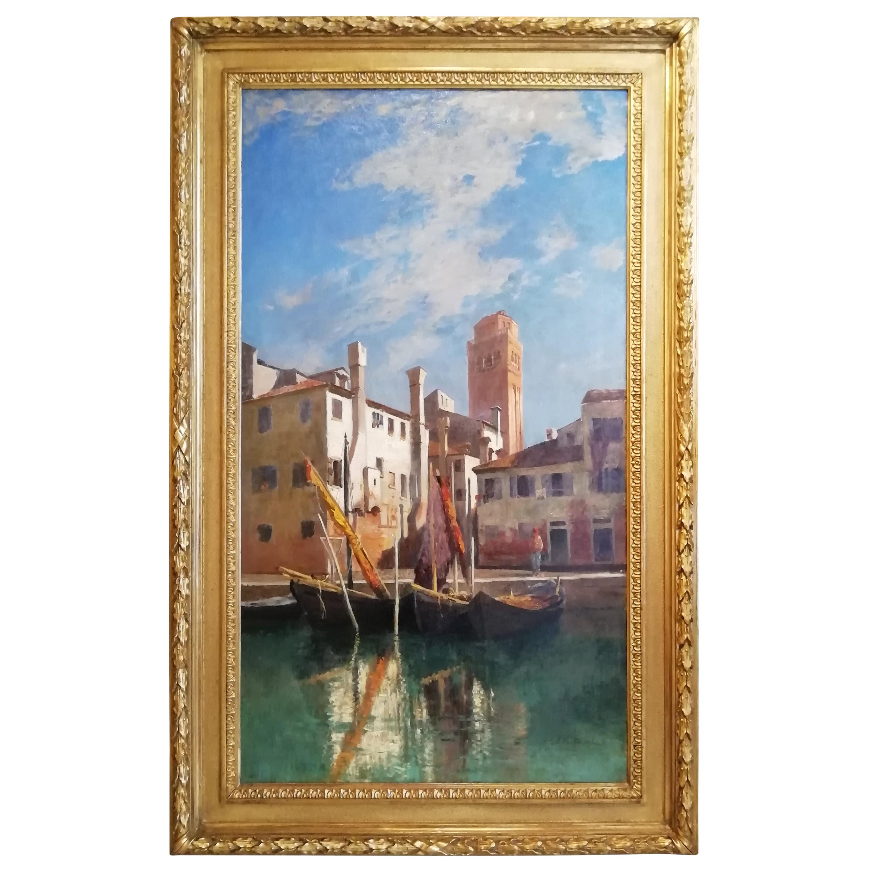 View of Venice with the Bell Tower of the Basilica dei Frati, Oil Painting For Sale